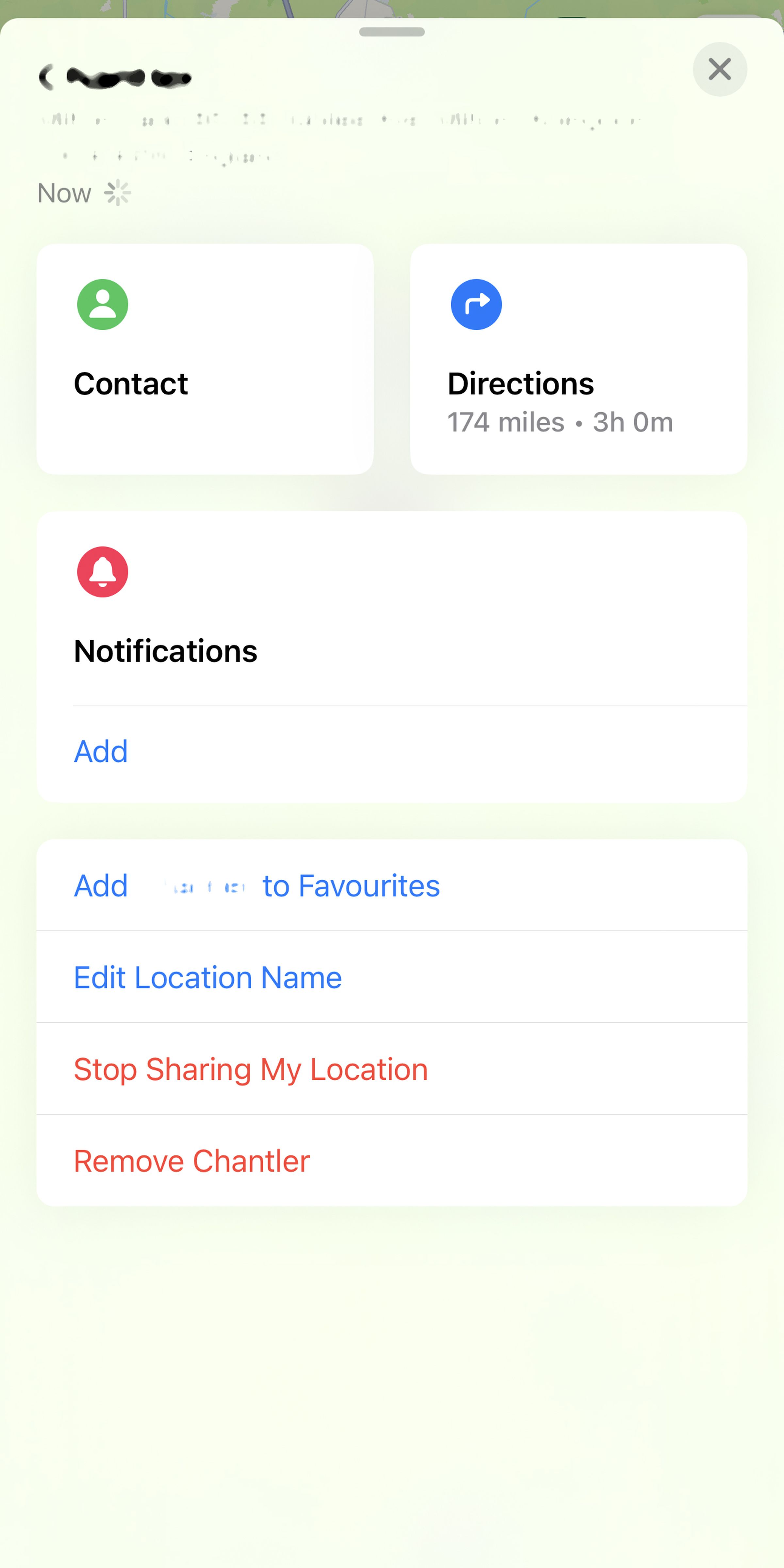 Mobile screen with three buttons: Contact, Directions, Notifications.