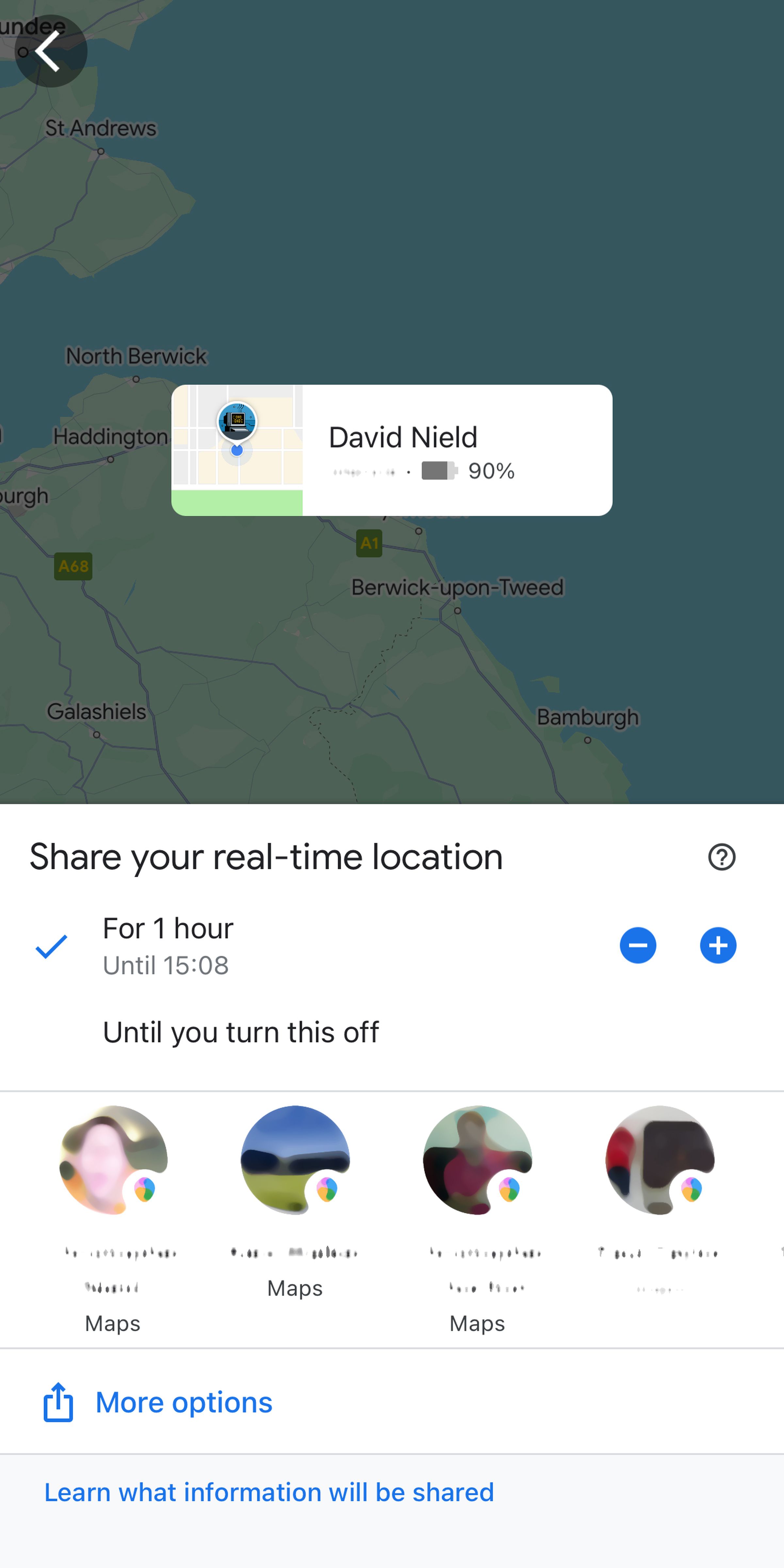 Mobile screen with label David Nield in center, and Share your real-time location at bottom pop-up with For 1 hour checked.