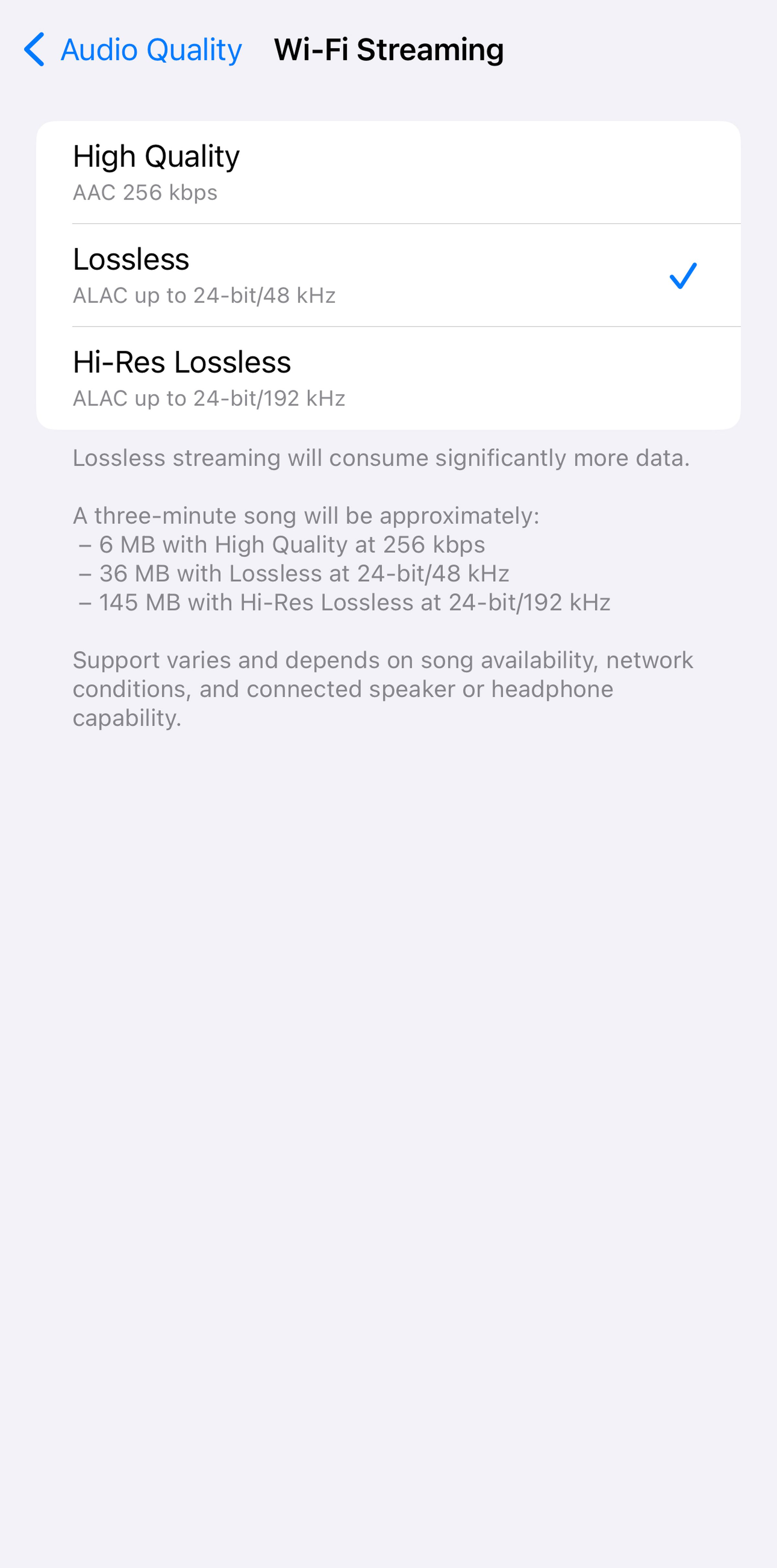 Wi-Fi streaming page on iOS screen showing High Quality, Lossless, and Hi-Res Lossless.