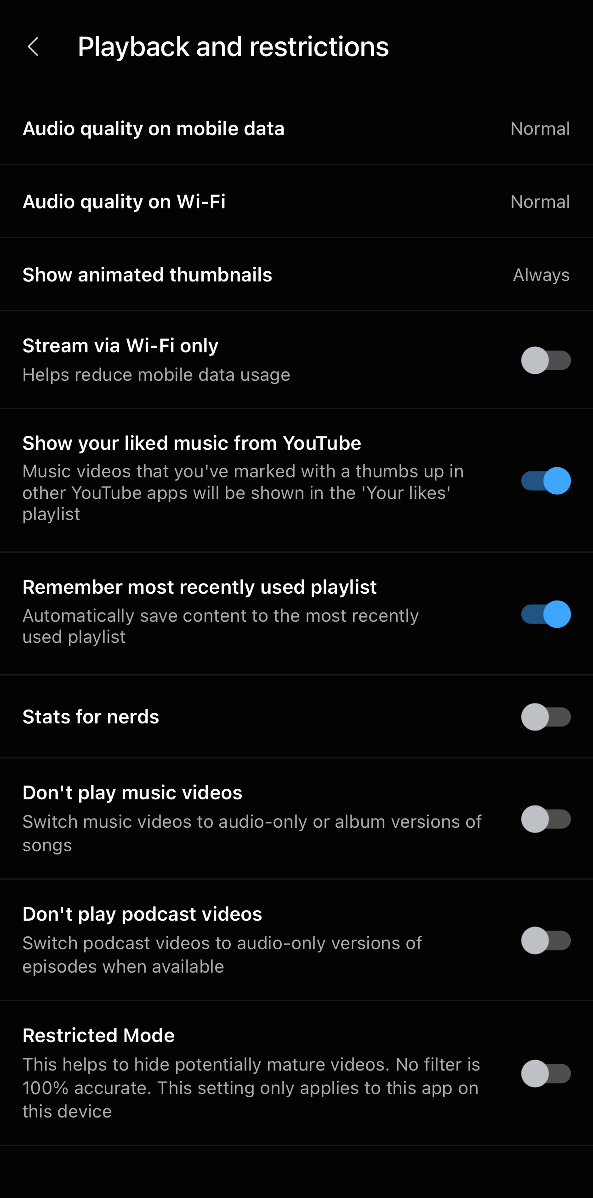 Playback and restrictions page