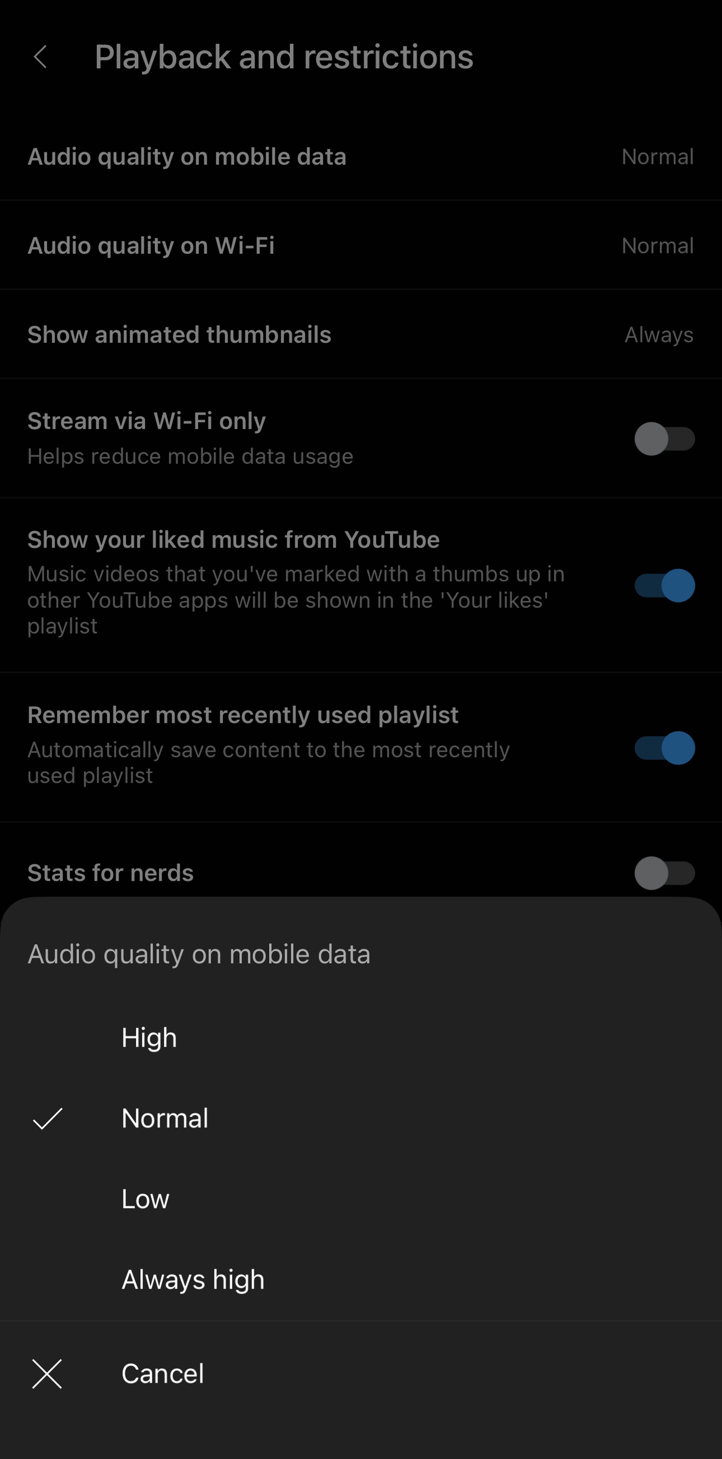 Playback and restrictions page for YouTube Music.