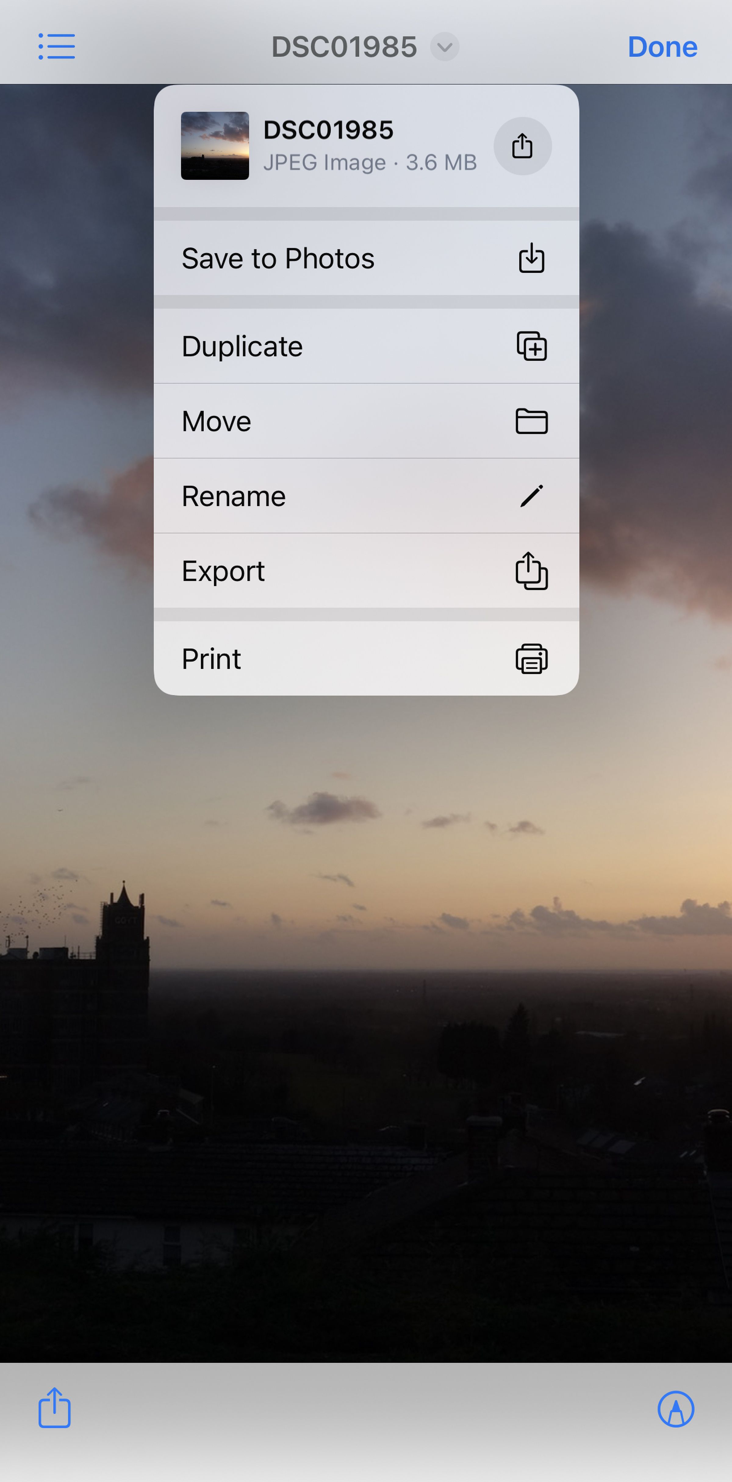 Drop down menu with photo thumbnail of DSCO1985 on top, with other file features like Move and Rename below.