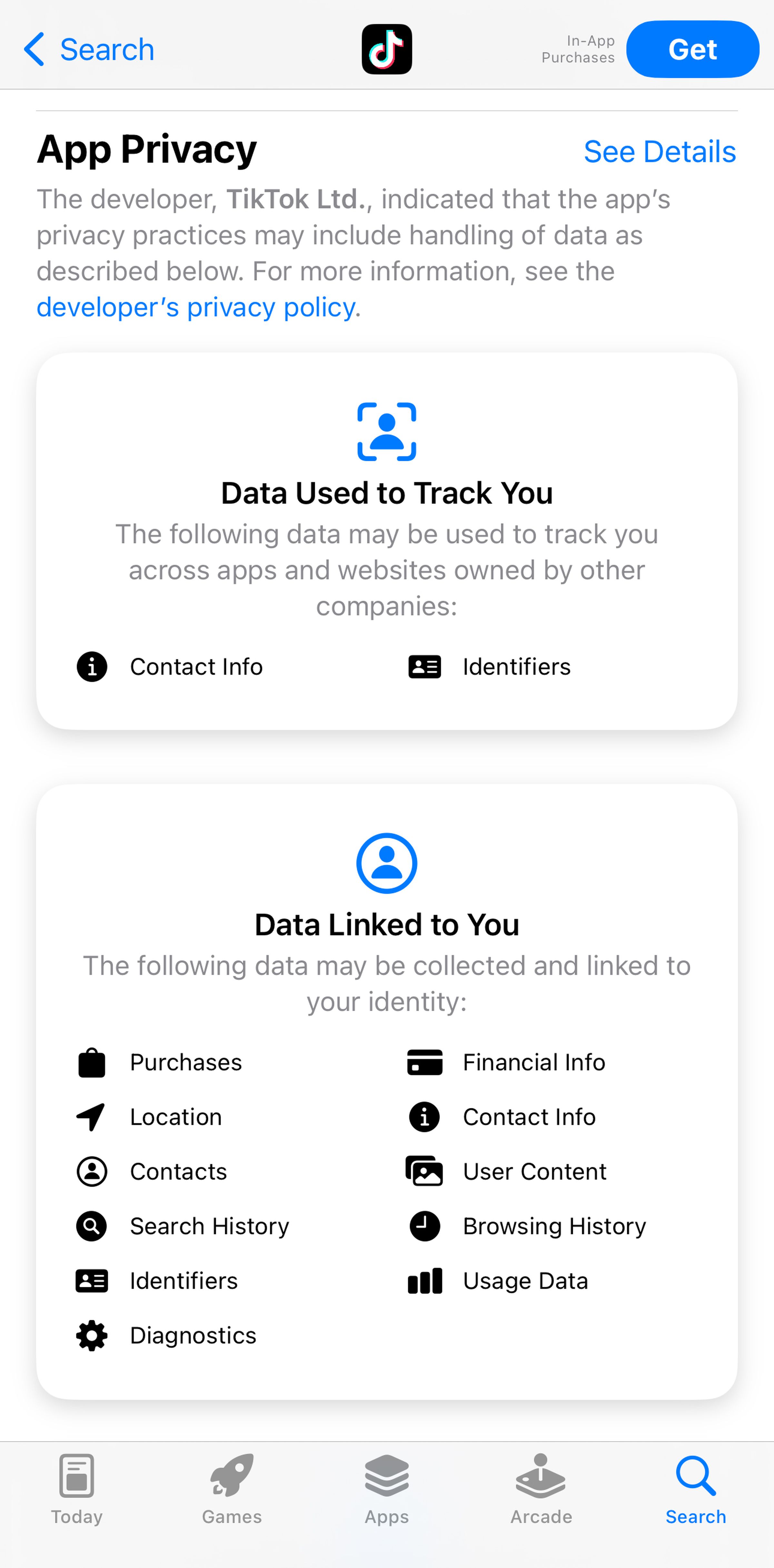 App privacy page telling “Data used to Track You.”