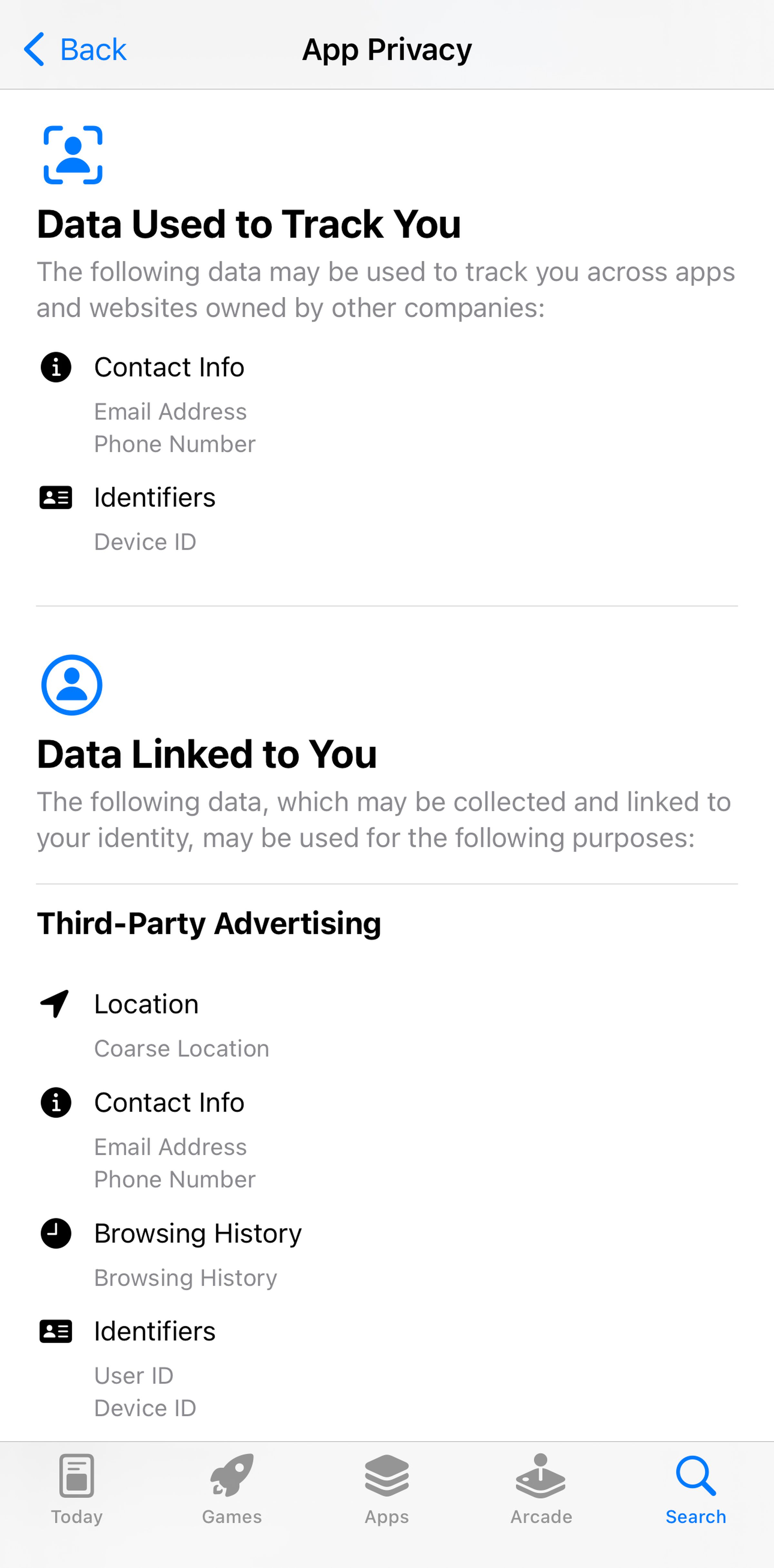 App Privacy page listing data used to track you and data linked to you.