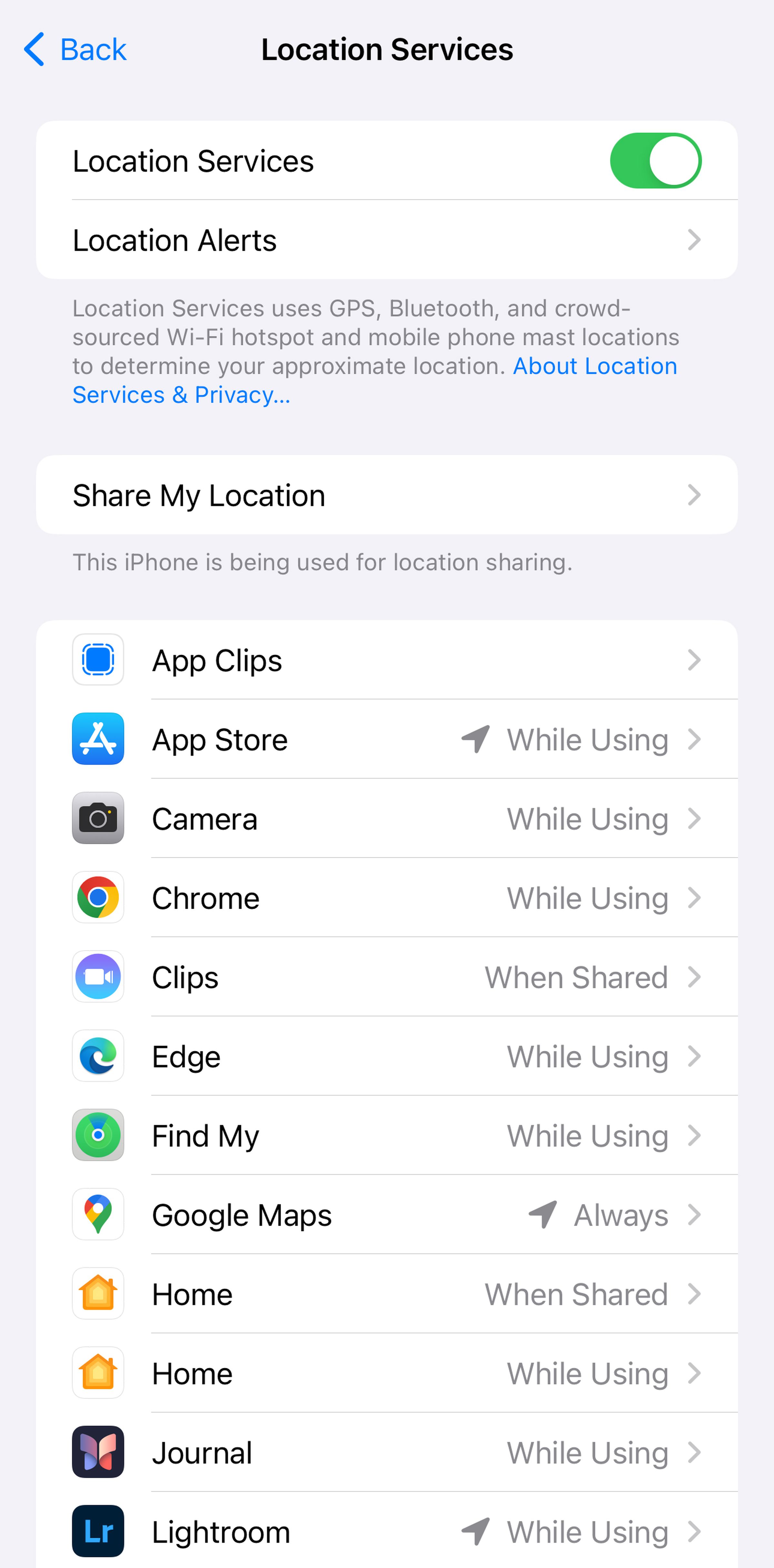 Page with Location Services on top, Location Services and Location Alerts below that, Share My Location below that, and a list of apps below that.