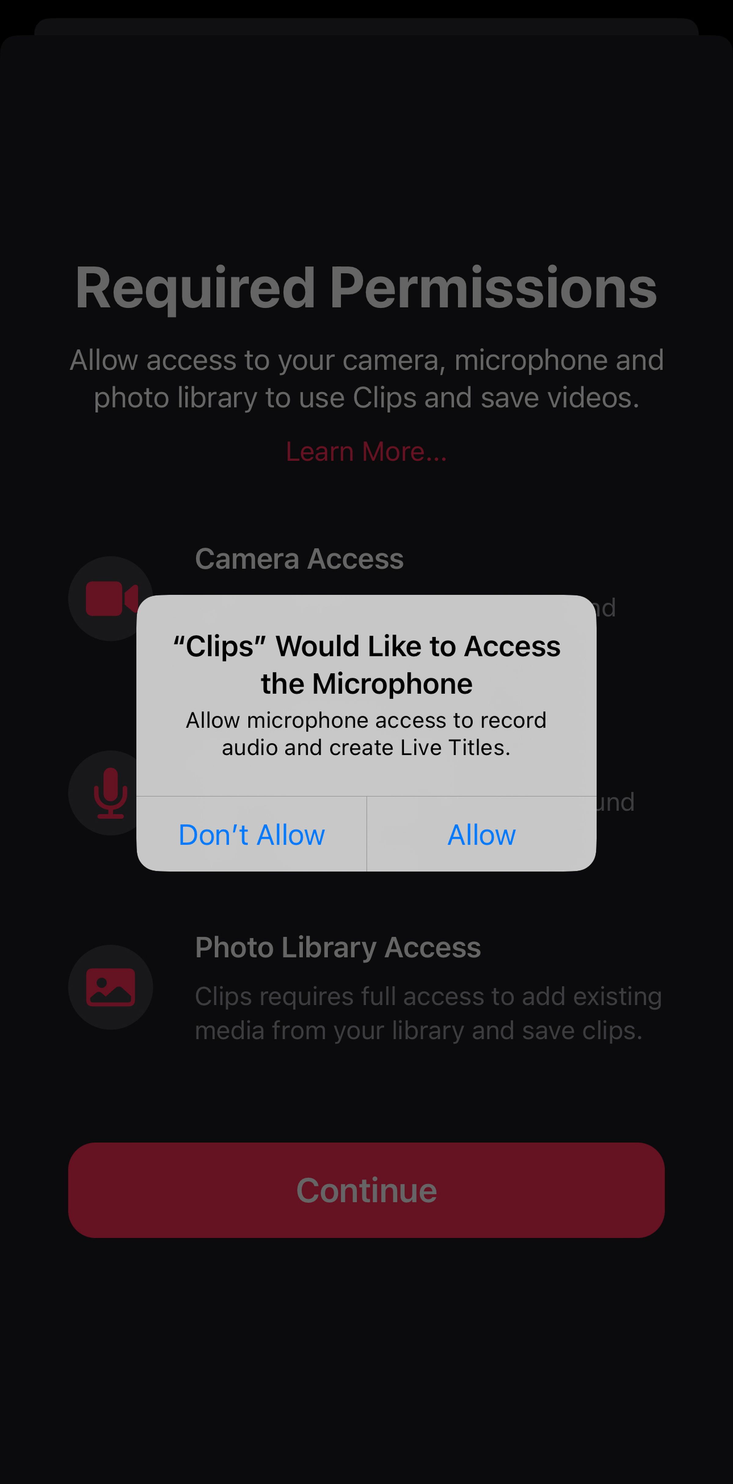 Page with pop-up “Clips would like to access the microphone.”