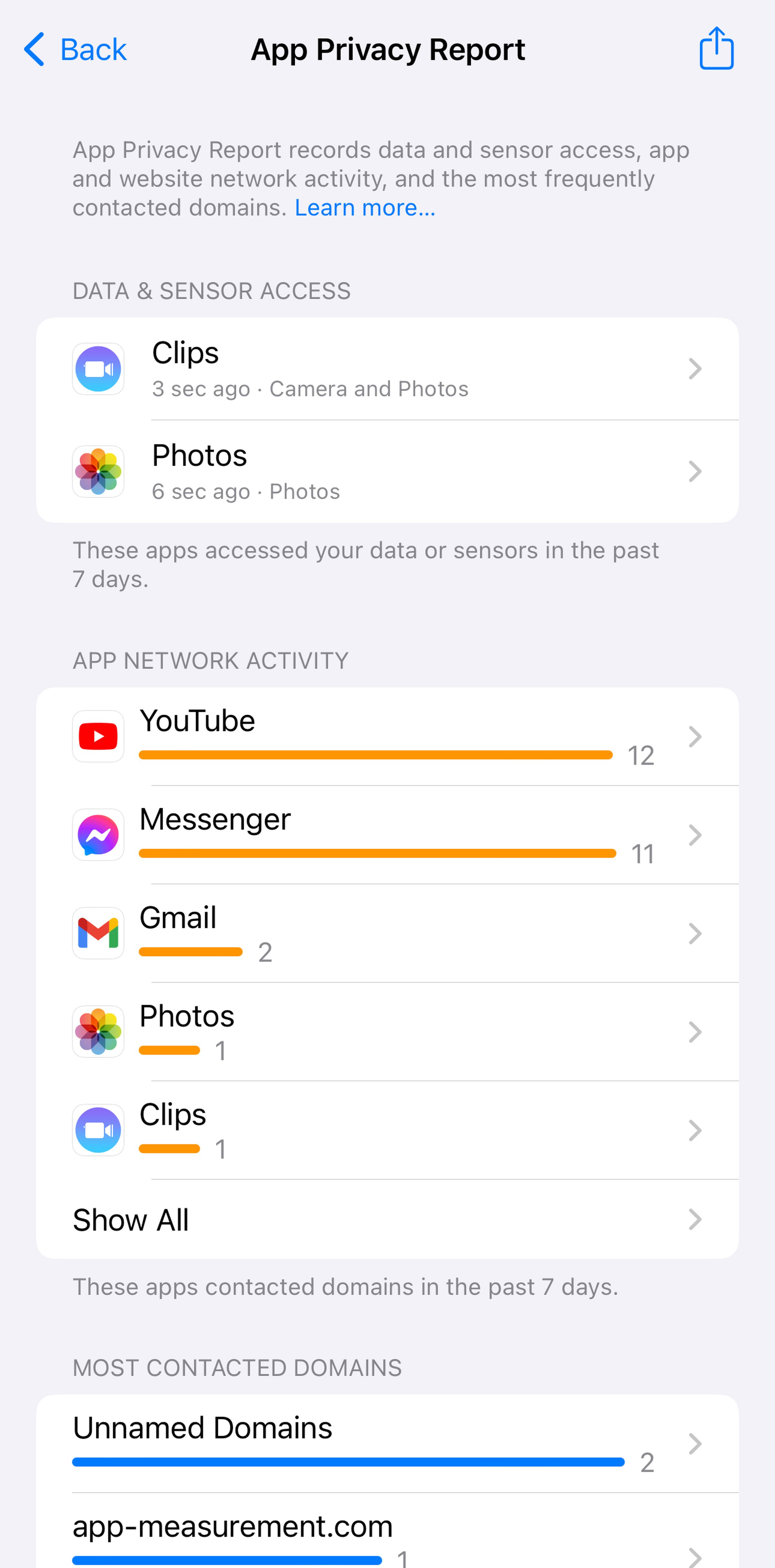 Page with app privacy report on top, and lists of data and senor access, and app network activity.