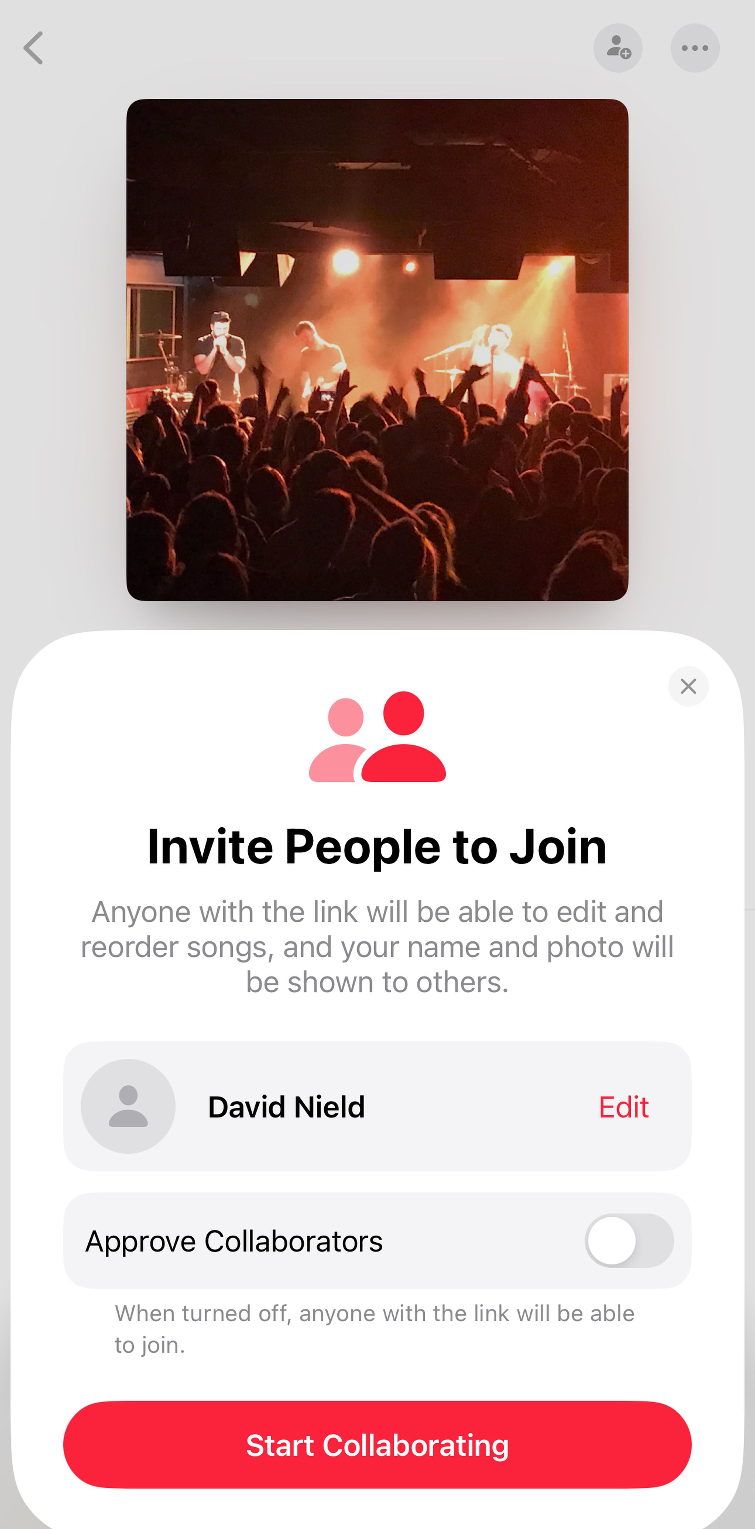 Mobile screen with photo of crowd on top, then pop-up saying Invite People to Join, then the name David Nield, and the Approve Collaborators with a toggle.