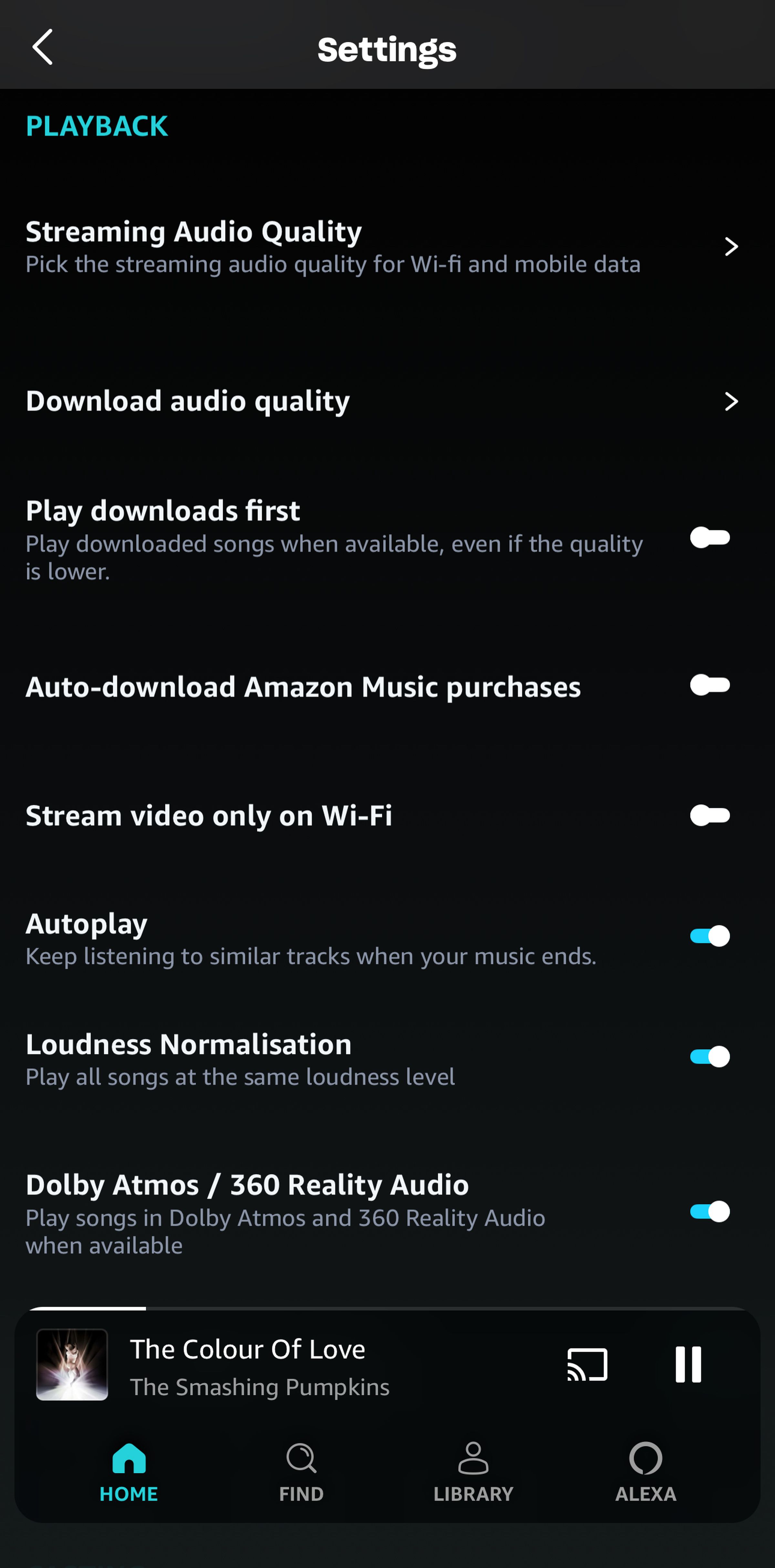 Settings page for Amazon Music.