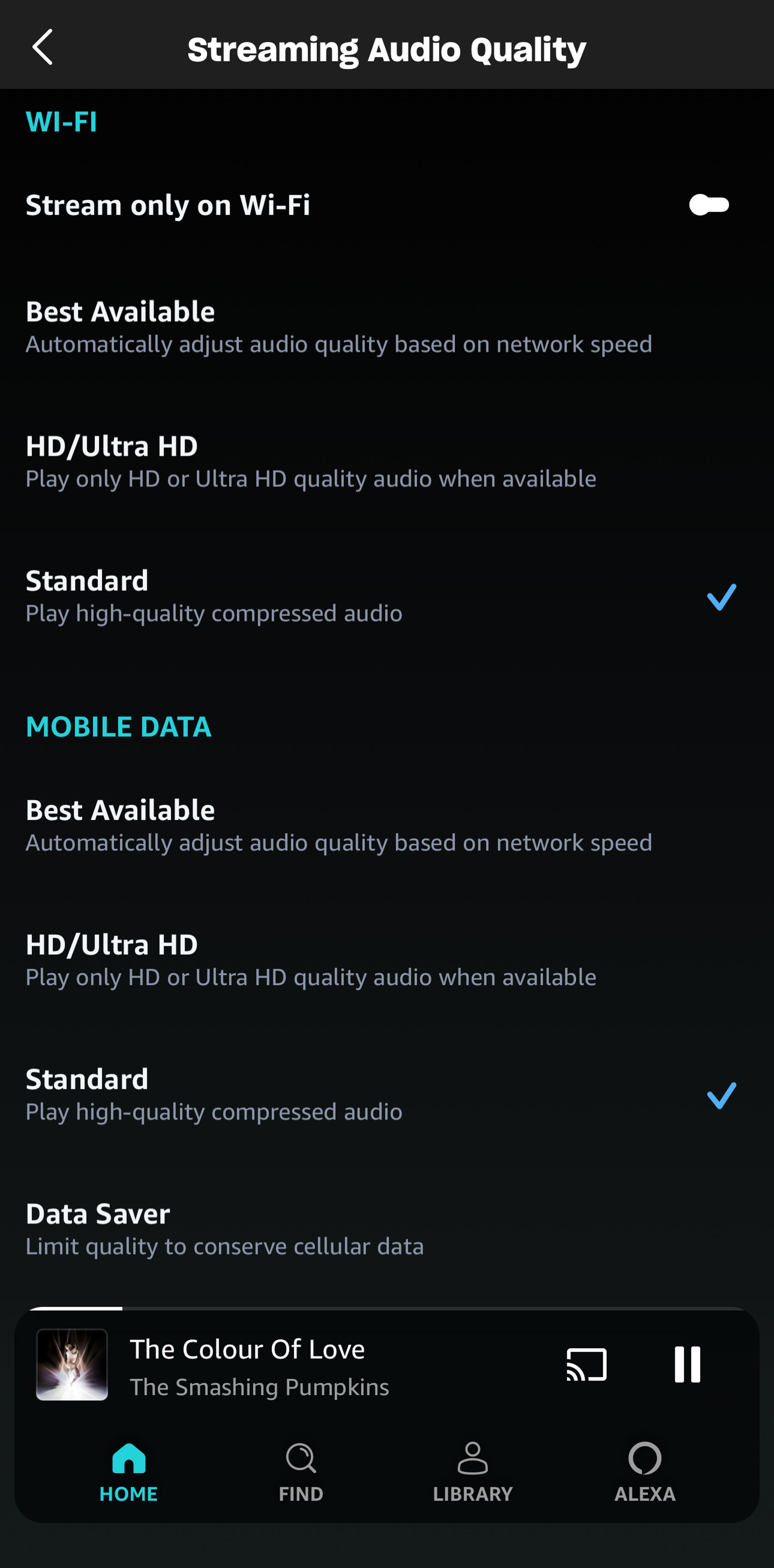 Streaming Audio Quality page in Amazon Music app.