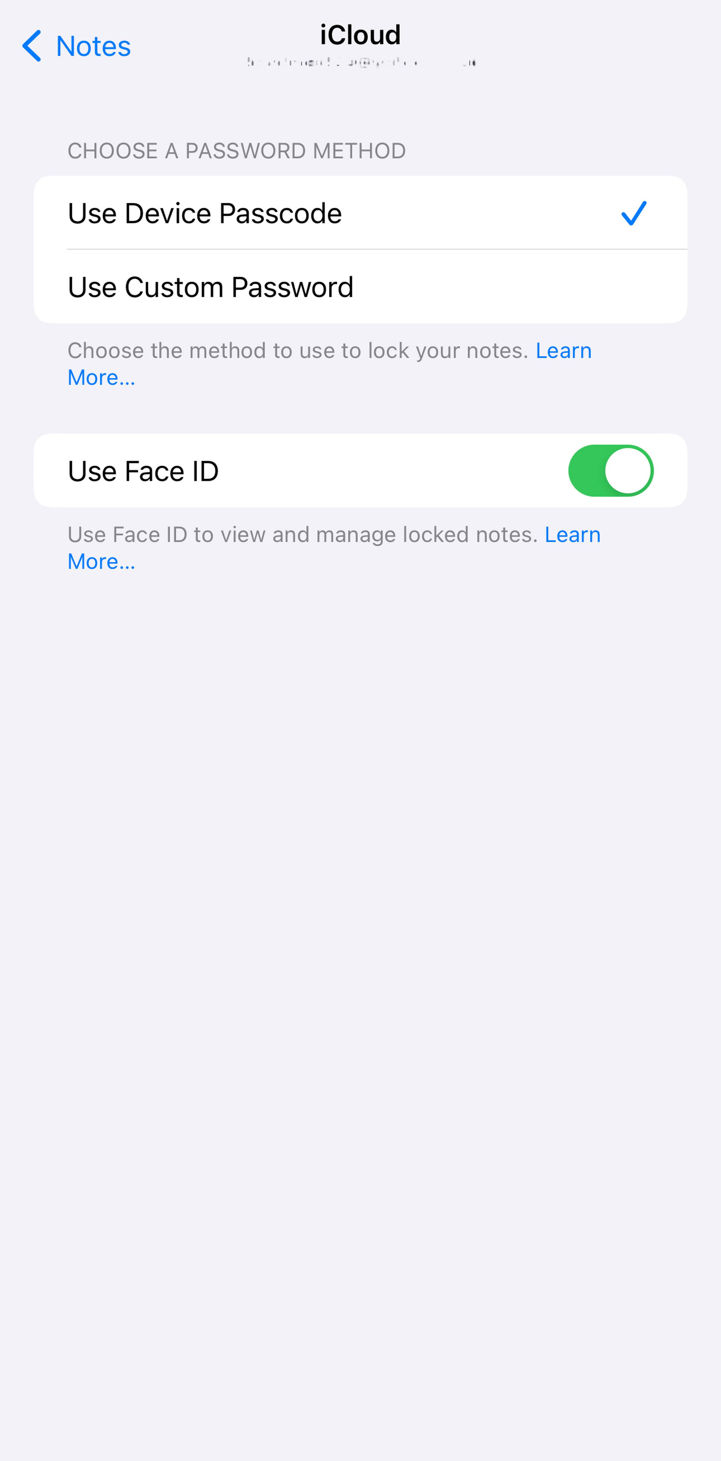 Three selections: Use Device Passcode, Use Custom Password, Use Face ID