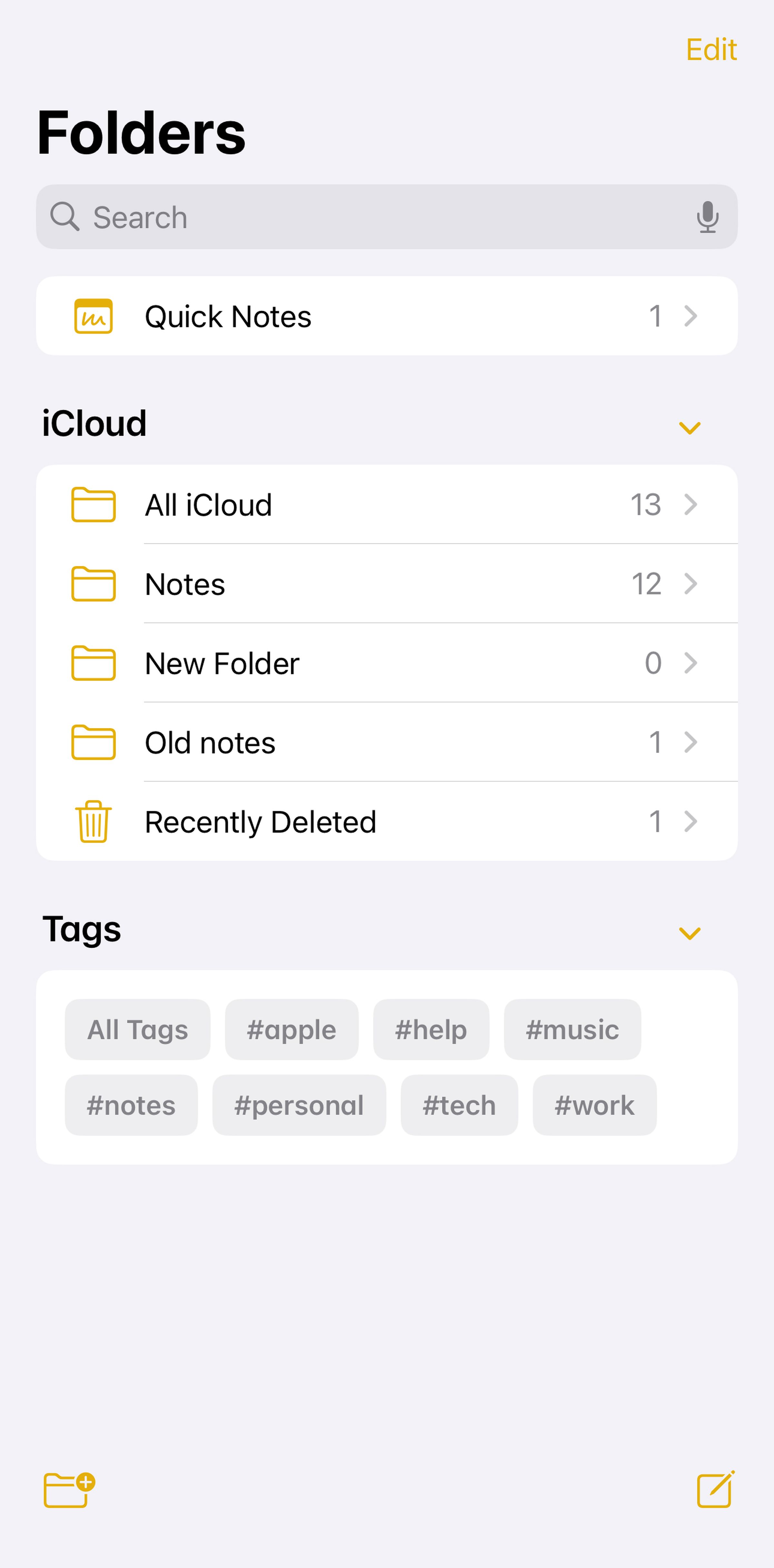 Page headed Folders and including lists from iCloud and Tags.