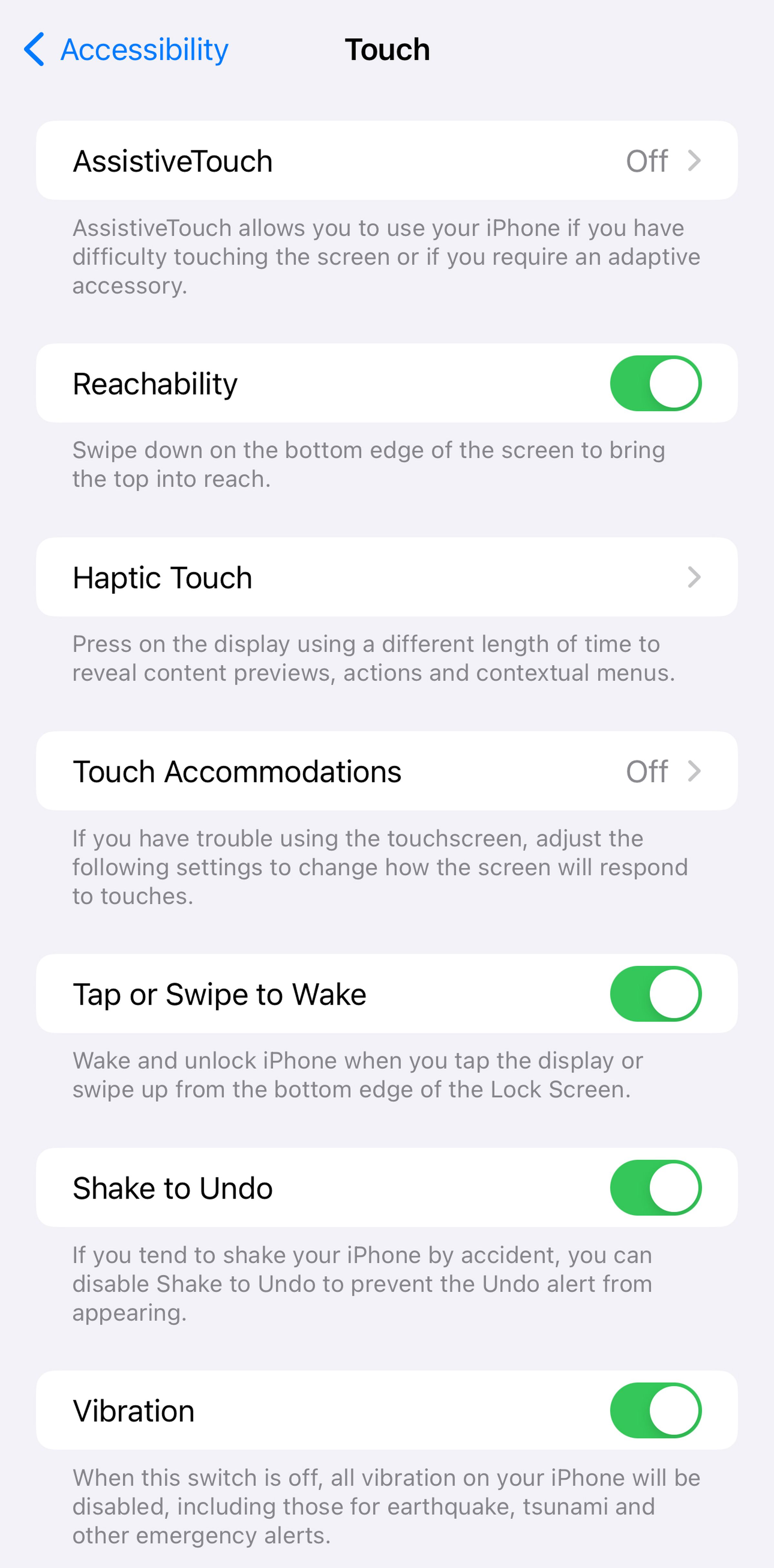 List of touch features