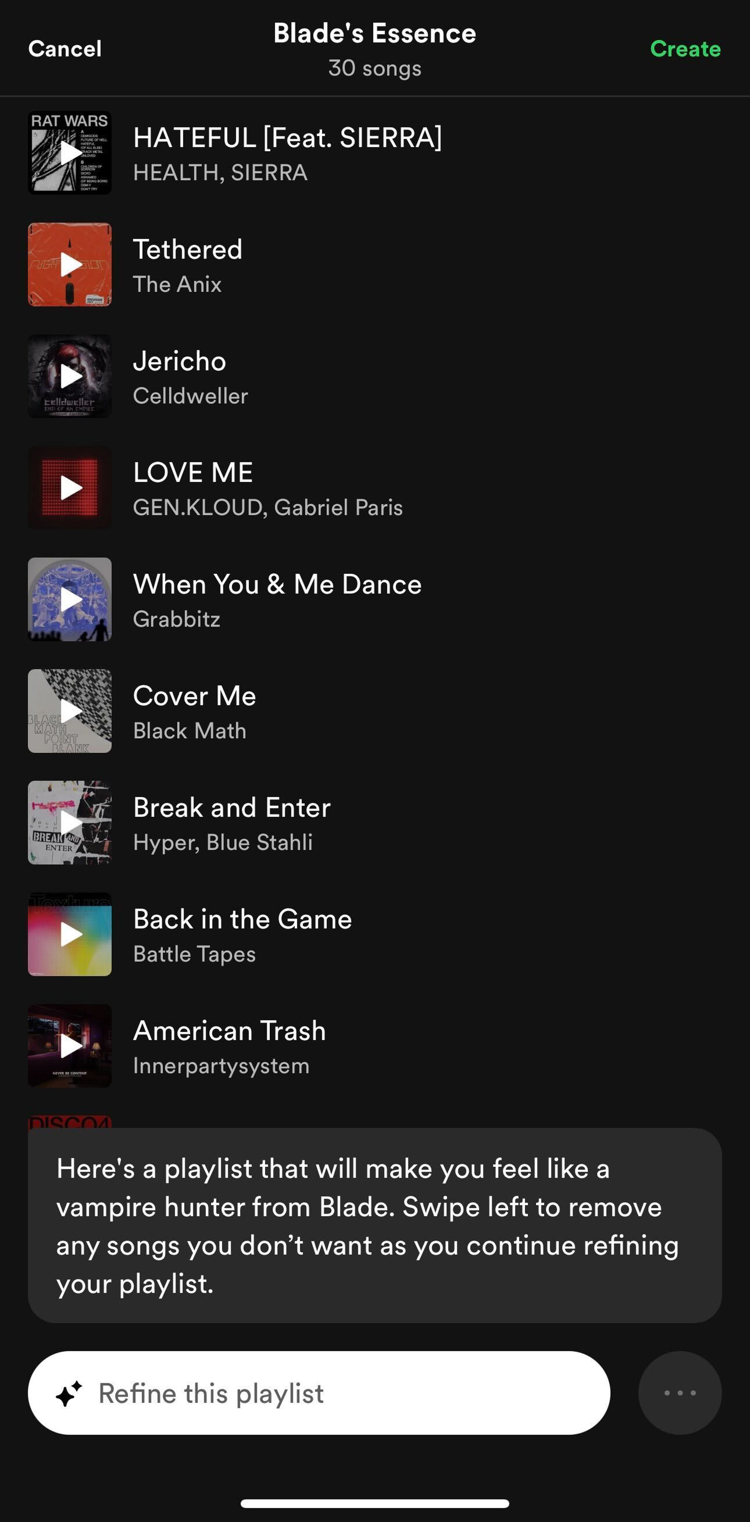 A screenshot of Spotify on iOS, using the new AI Playlists feature in beta.