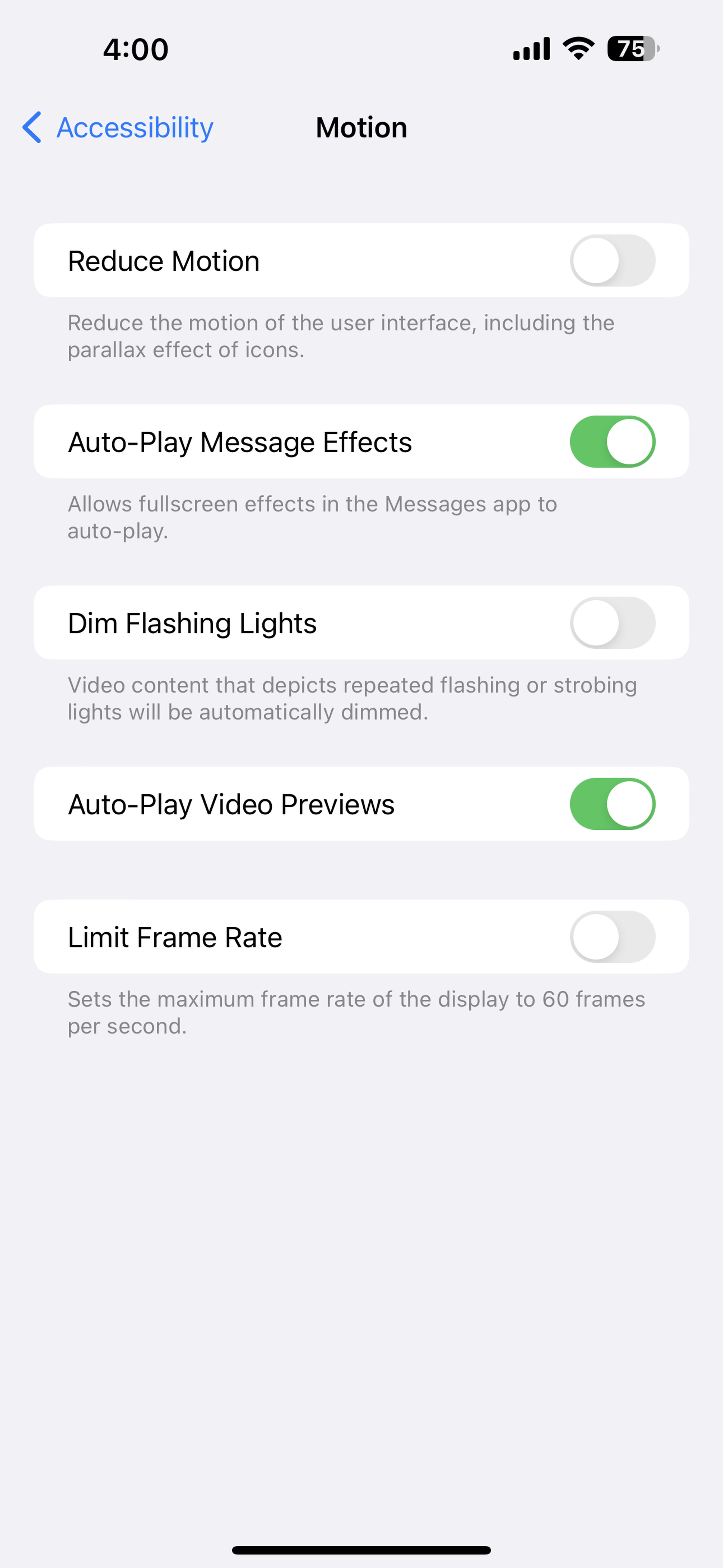 iPhone screen headed Motion showing various features, including Limit Frame Rate.