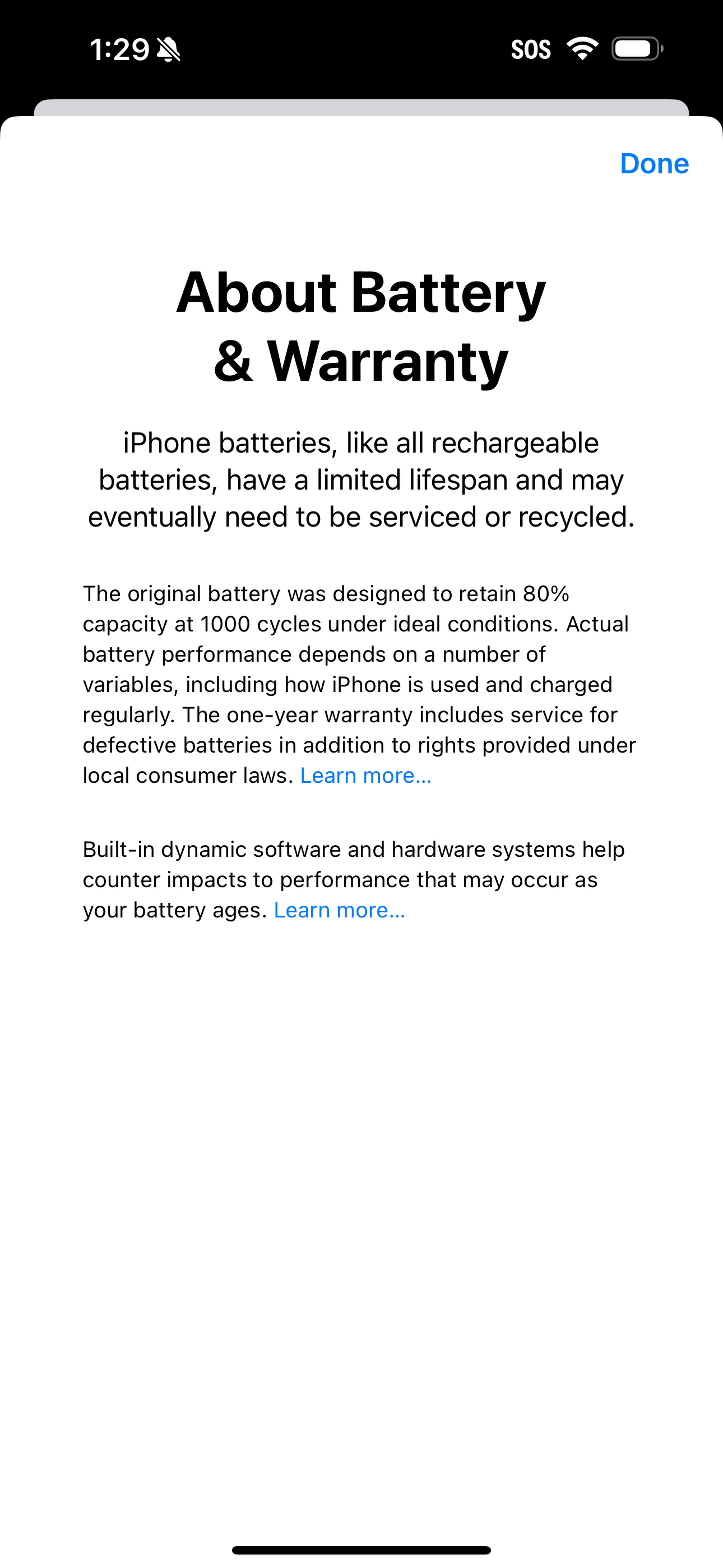 Screenshot showing battery and health information on iOS 17.4.