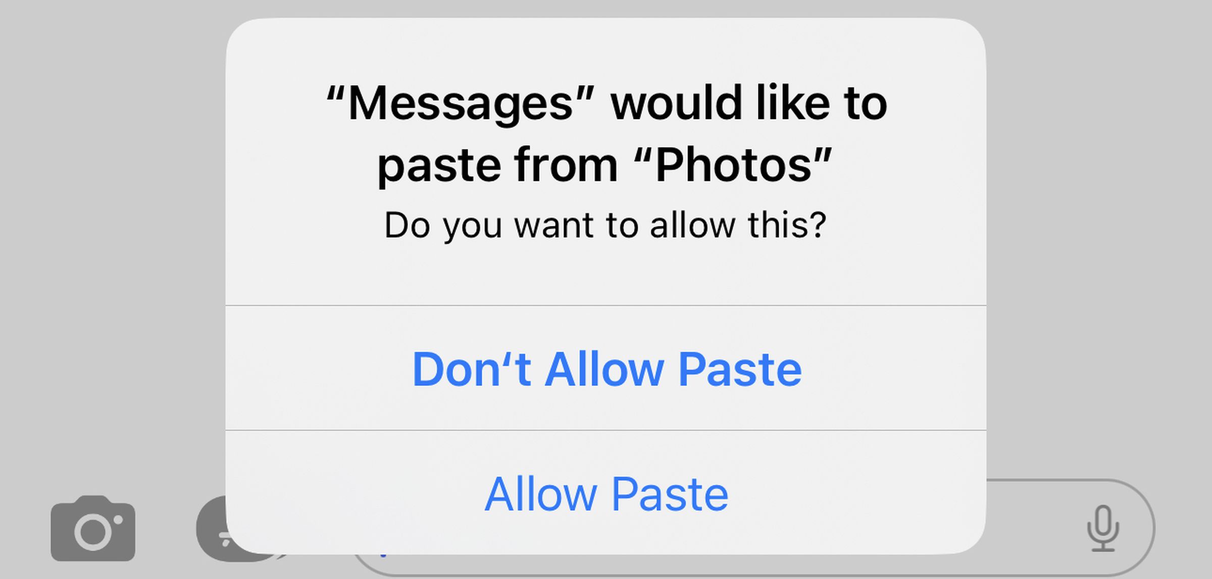A screenshot of the “do you want to allow this?” paste prompt in iOS 16.