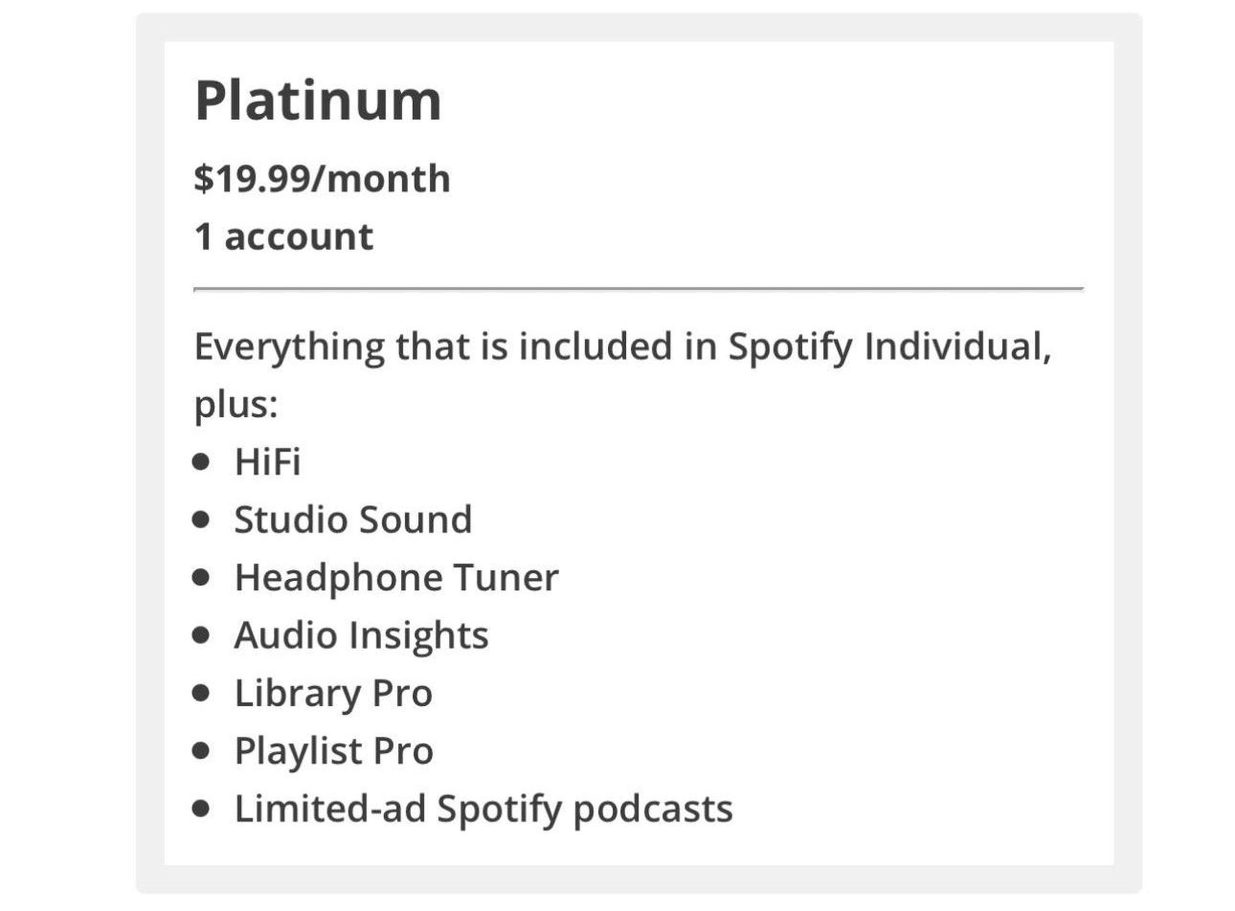 A screenshot of Spotify’s survey about the new Platinum plan.