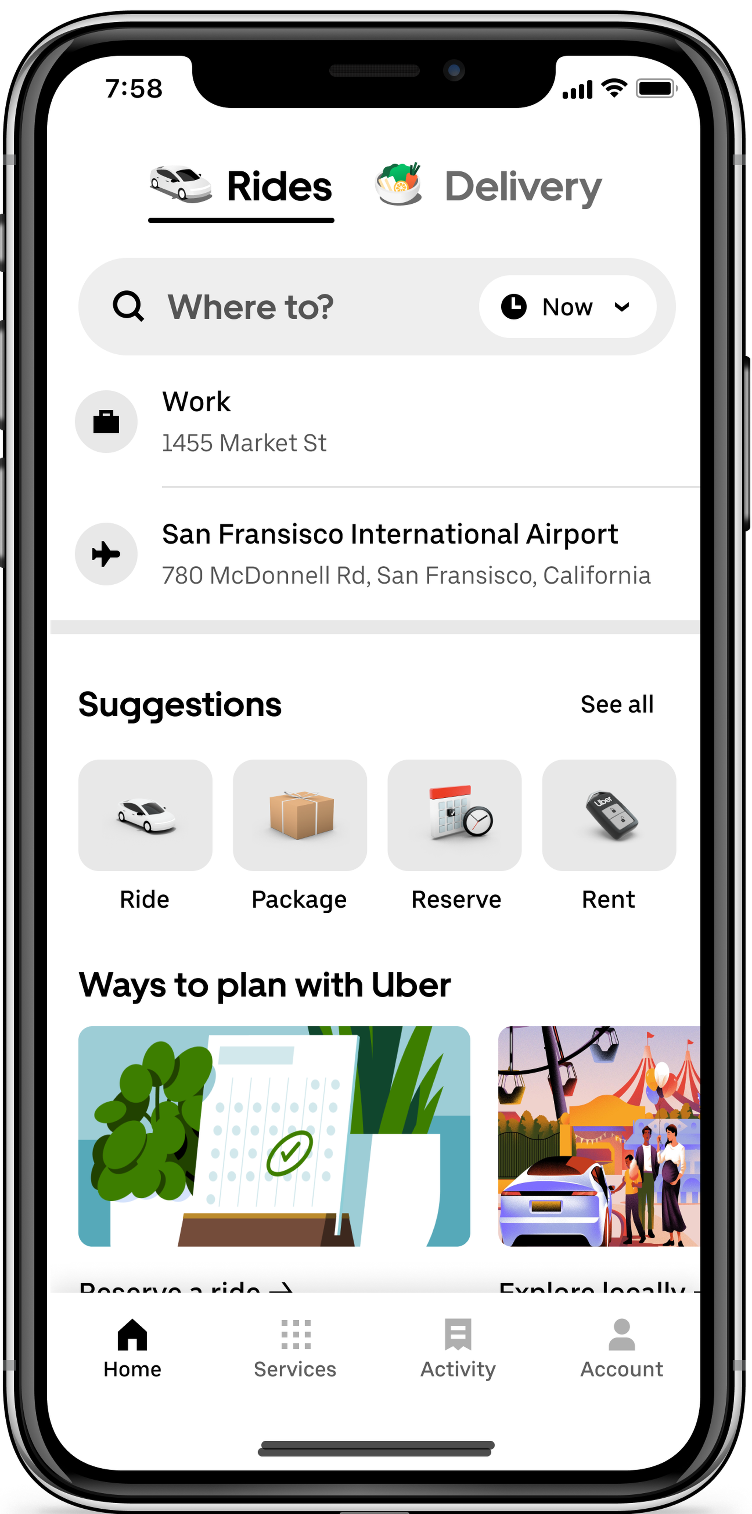 La nueva pantalla de inicio de la aplicación Uber tiene pestañas para viajes y entrega de Eats en la parte superior y un espacio simplificado para sugerencias.