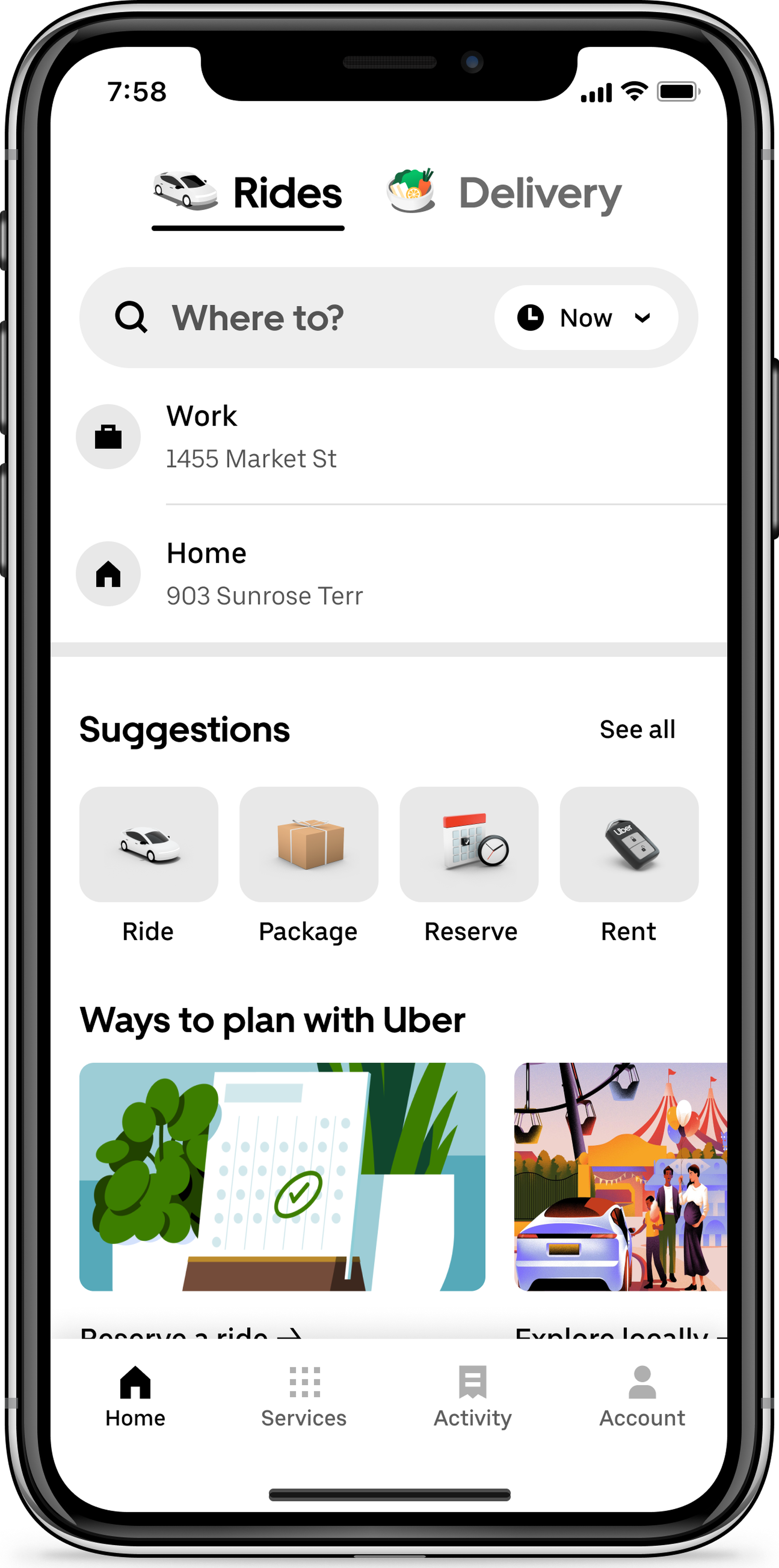 The new Uber app homescreen has tabs for rides and Eats delivery on top and a simplified space for suggestions.