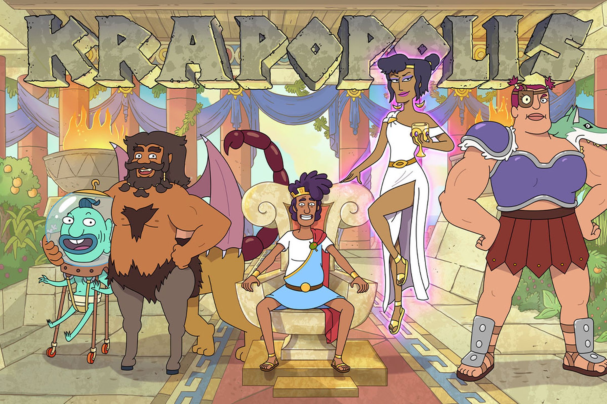 From left to right: an illustration of a mint green man with his head in a glass bowl suspended on four long legs that end in wheels; a bearded manticore; a man in a toga sitting on a throne; a floating woman with purple hair in a toga holding a golden chalice; and a muscular woman in lorica segmentata.
