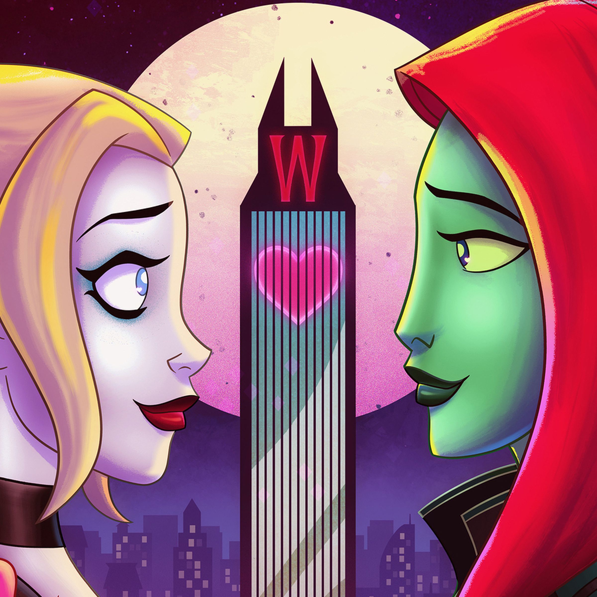 A blonde woman with a pink-tipped pigtail, choker, and chalk-white skin standing in profile across from another woman with green skin and red hair. Behind the two women is a skyscraper whose tip resembles Batman’s ears.