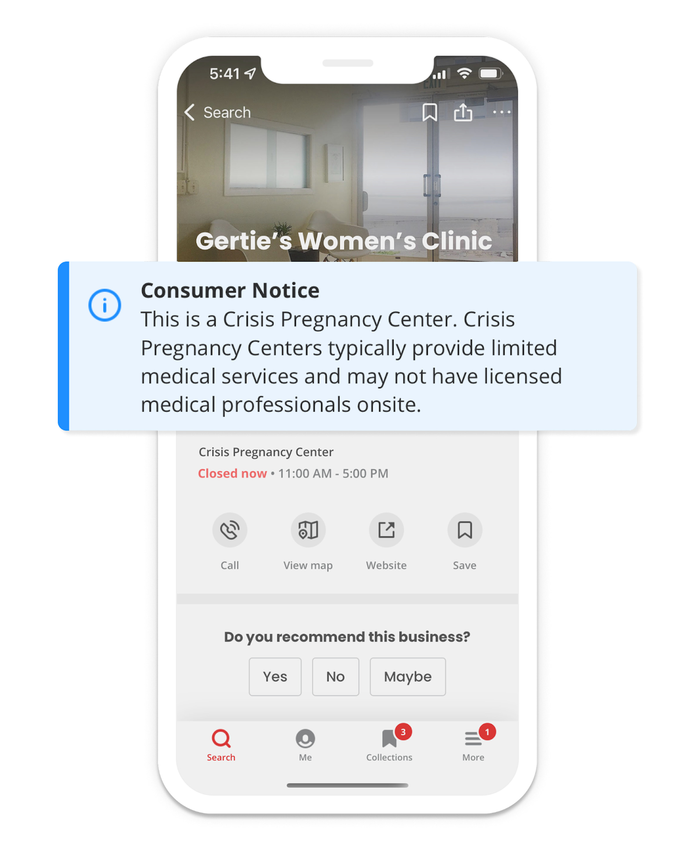 Yelp’s new consumer notice alerts consumers to crisis pregnancy centers that may not provide abortion care.
