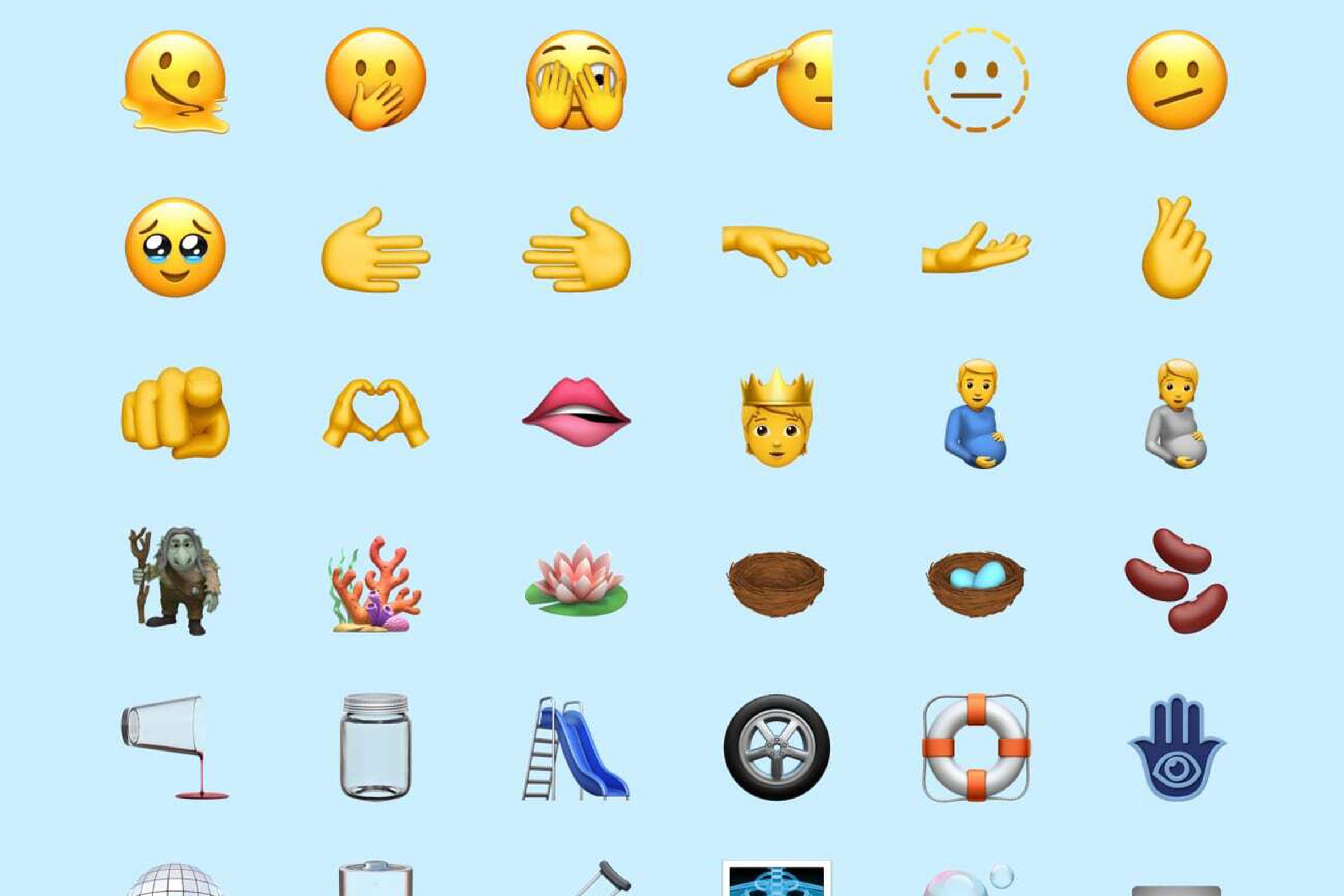 Rows of emojis including biting lip, a troll, coral, lotus flower, bird nests, beans, glass spilling water, slide, tire, ring buoy, hamsa, disco ball, low battery, crutch, X-ray, bubbles, ID card, and heavy equal sign.