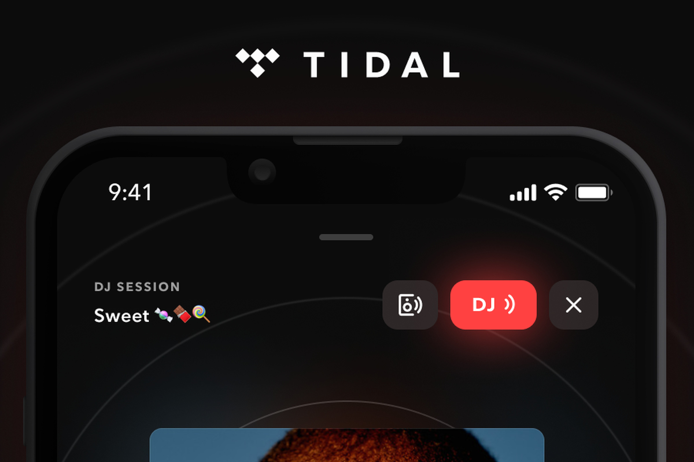 The tidal logo is situated above the top third of an iPhone screen with the Tidal app that says “DJ Session” with a playlist called “sweet” and a red DJ icon on the right next to the AirPlay/wireless connect button.