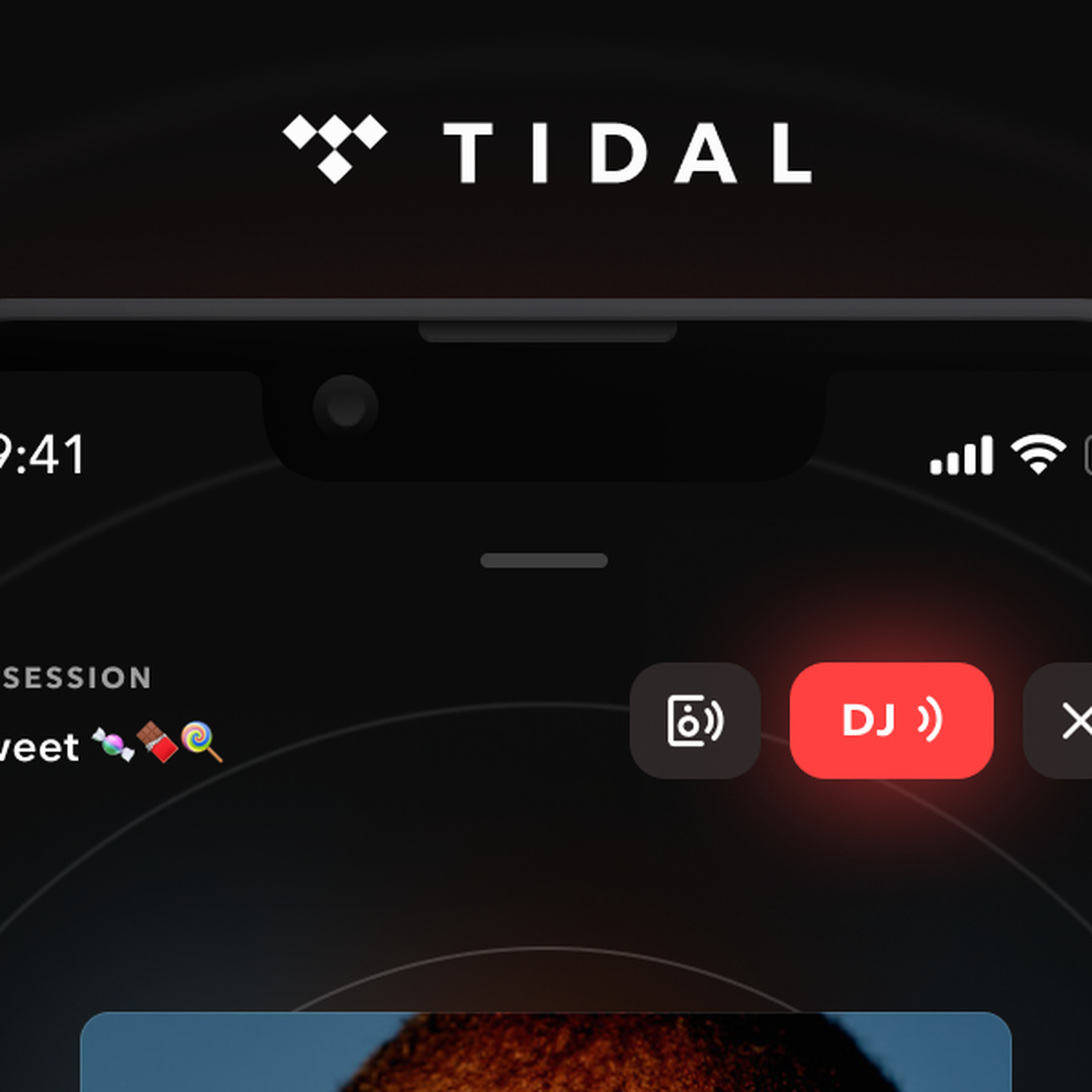 The tidal logo is situated above the top third of an iPhone screen with the Tidal app that says “DJ Session” with a playlist called “sweet” and a red DJ icon on the right next to the AirPlay/wireless connect button.