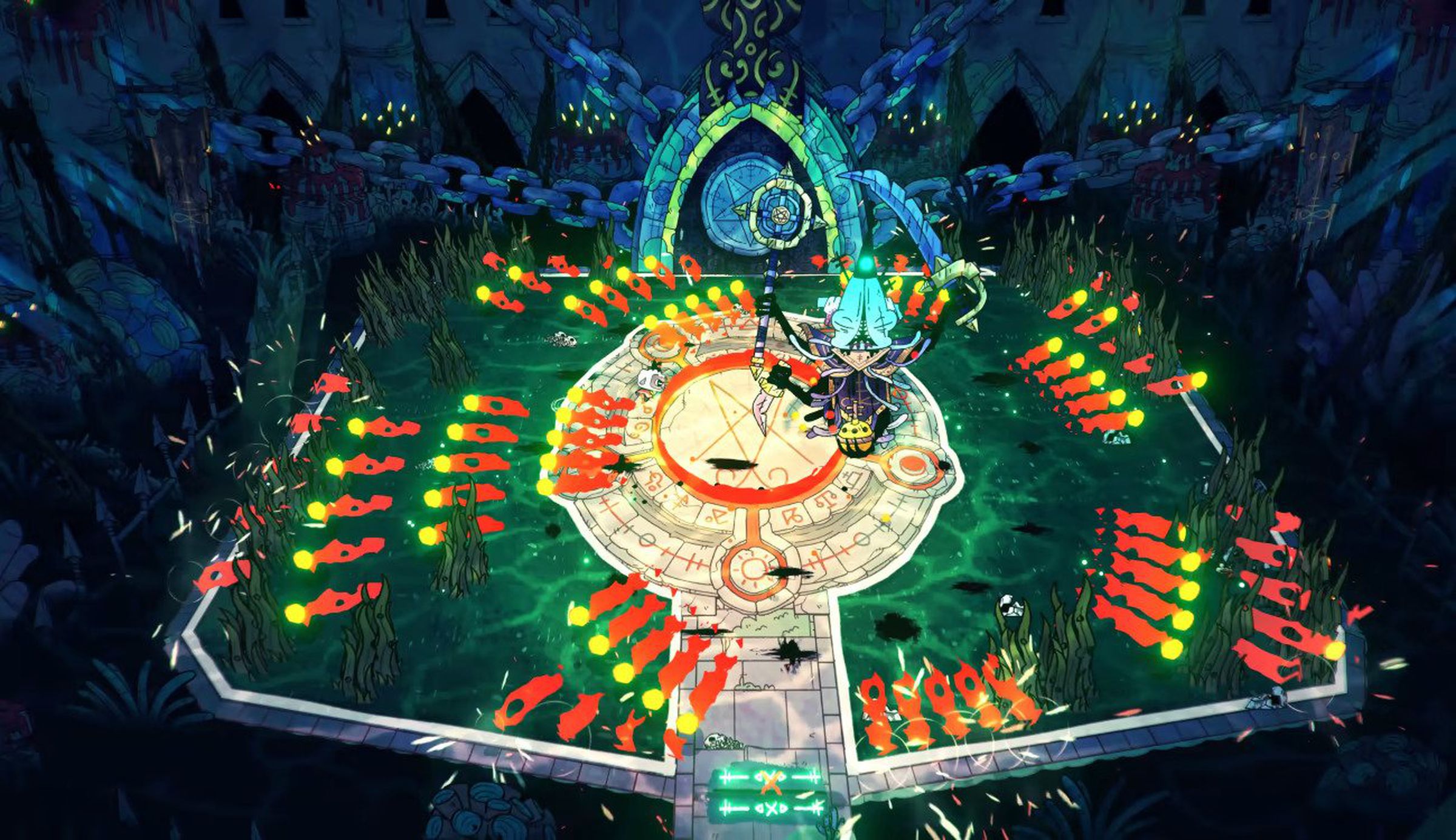 Screenshot from Cult Of The Lamb featuring the Lamb dodging a boss’ yellow orbs attack arranged in frustrating patterns that make them difficult to doge