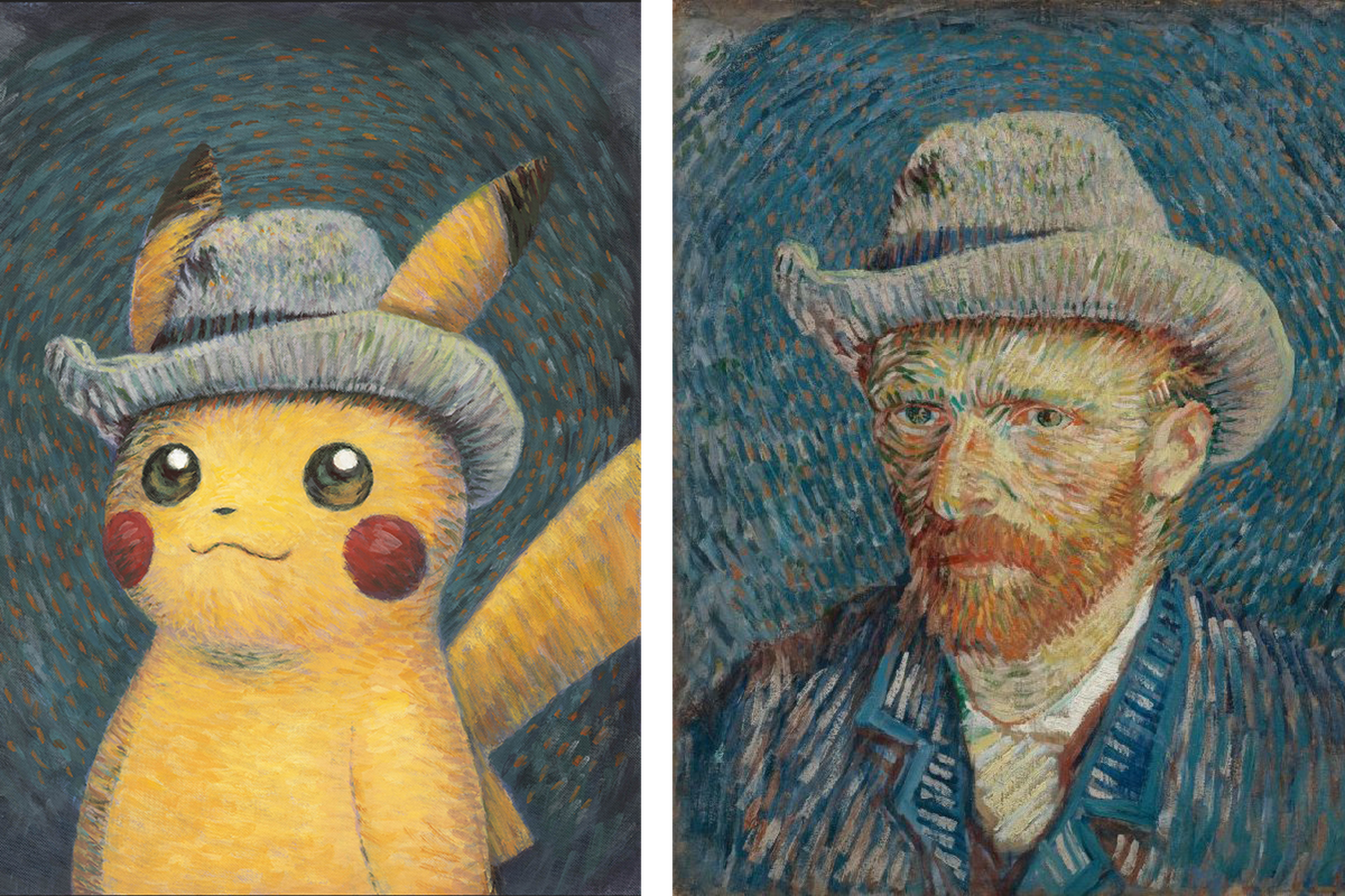 On the left, a painting of a Pikachu in the style of Vincent Van Gogh’s ‘Self Portrait with Grey Felt Hat.” On the right, Vincent Van Gogh’s ‘Self Portrait with Grey Felt Hat.”