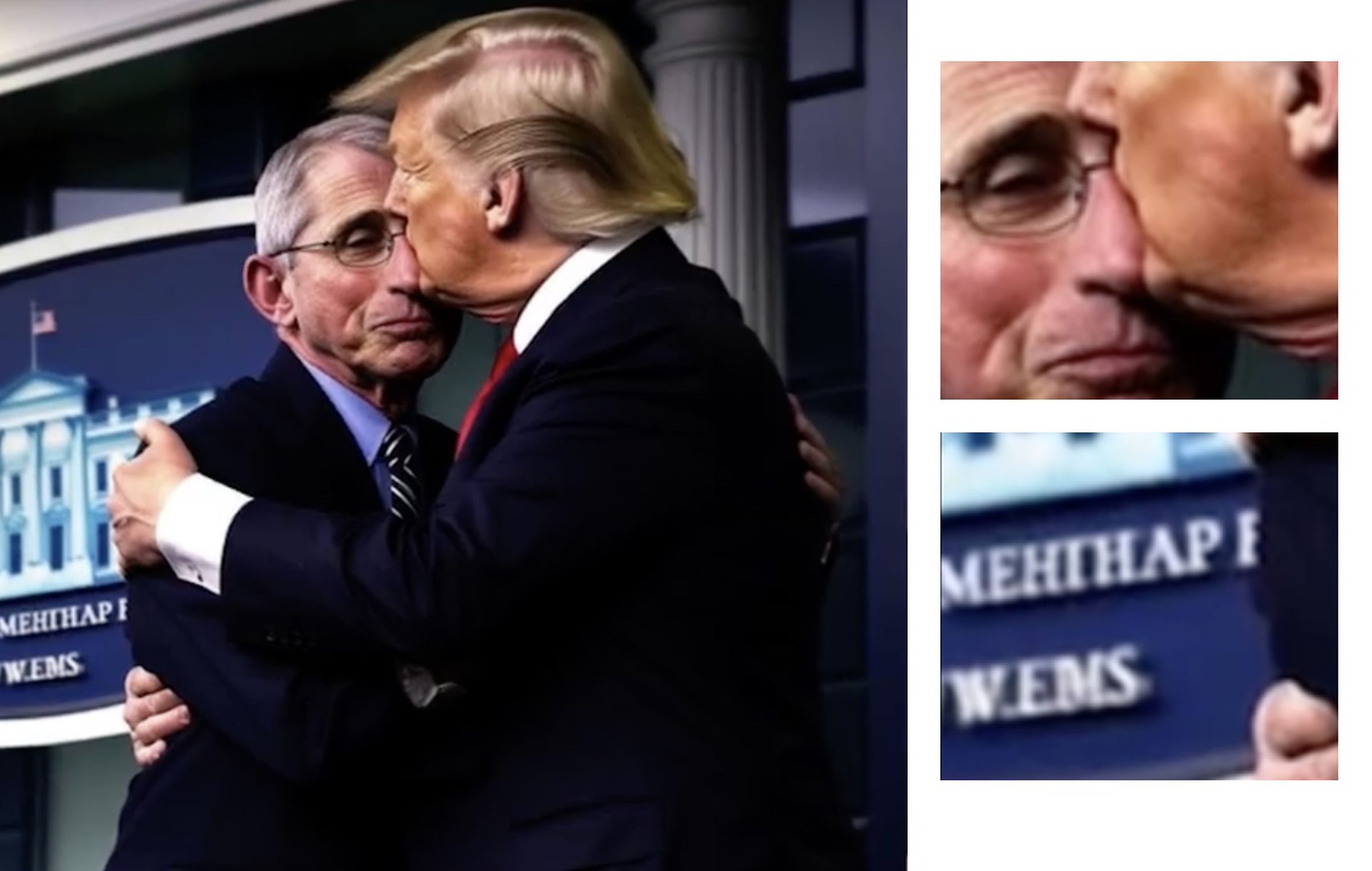 A screenshot supposedly showing Trump and Fauci embracing with zoomed segments showing distortions. 