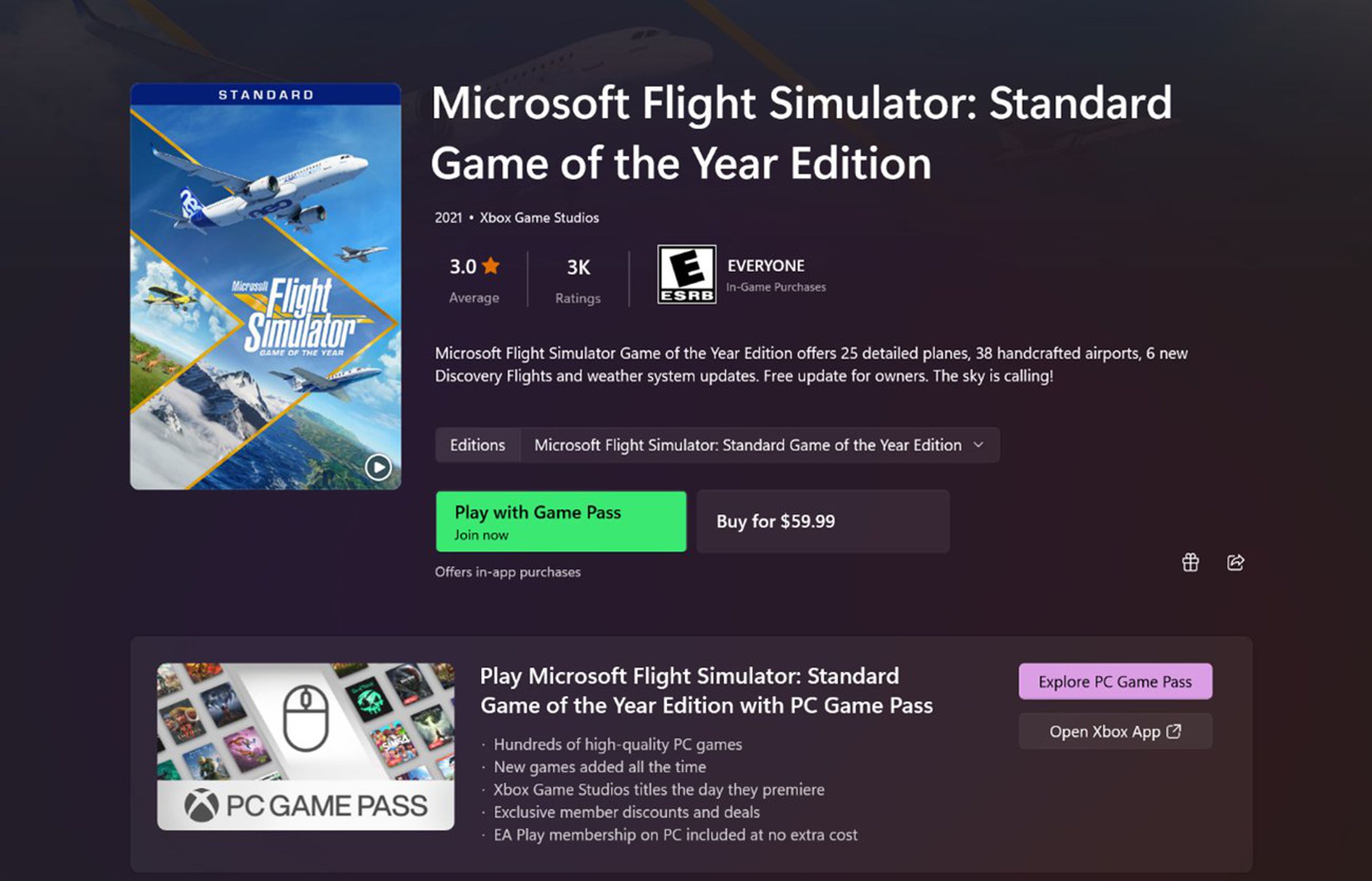 Microsoft Store updates showing new options to purchase a game or play on Game Pass.