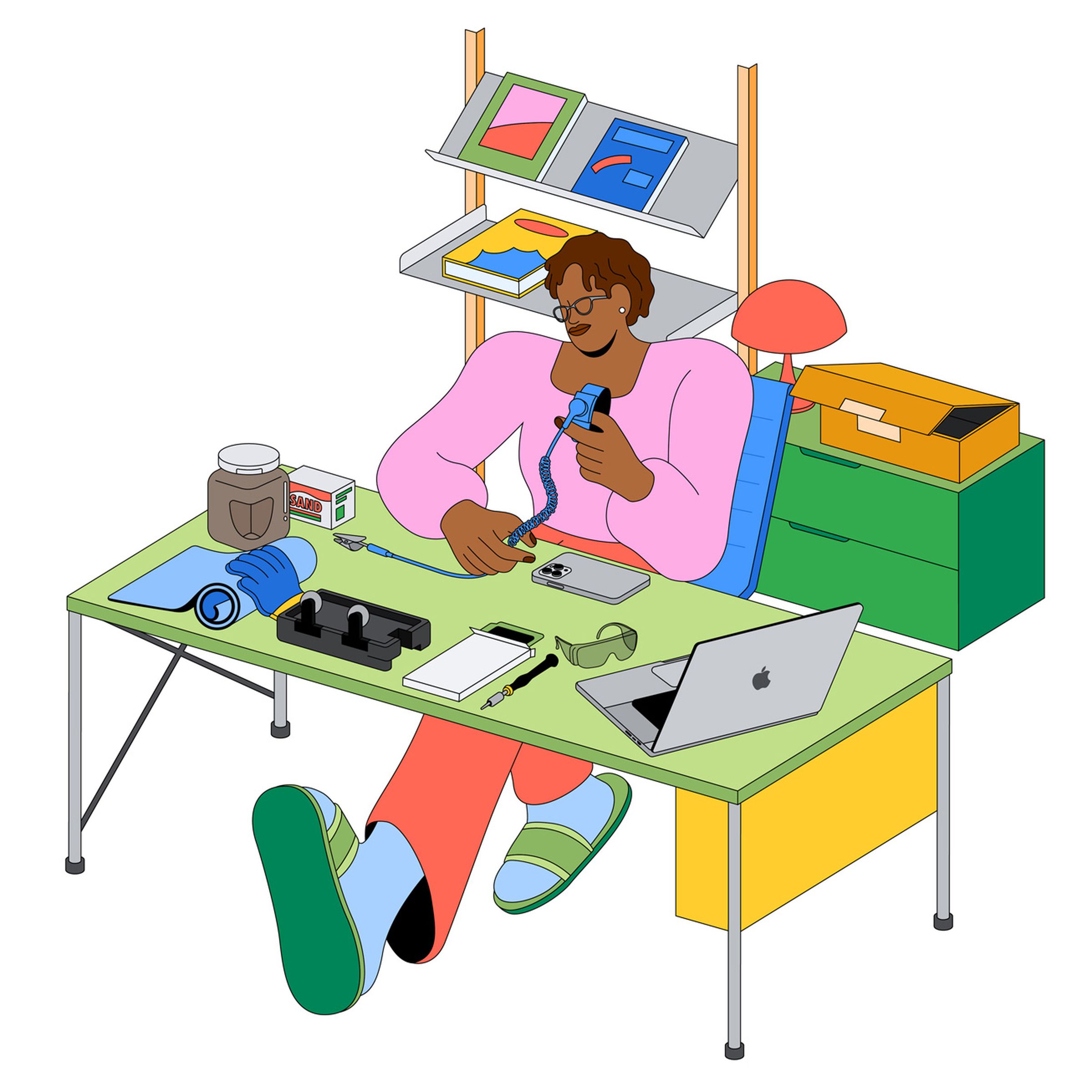 Illustration of girl at a workbench with various tools preparing to work on a replacement screen for an iPhone 12 or 13 pro