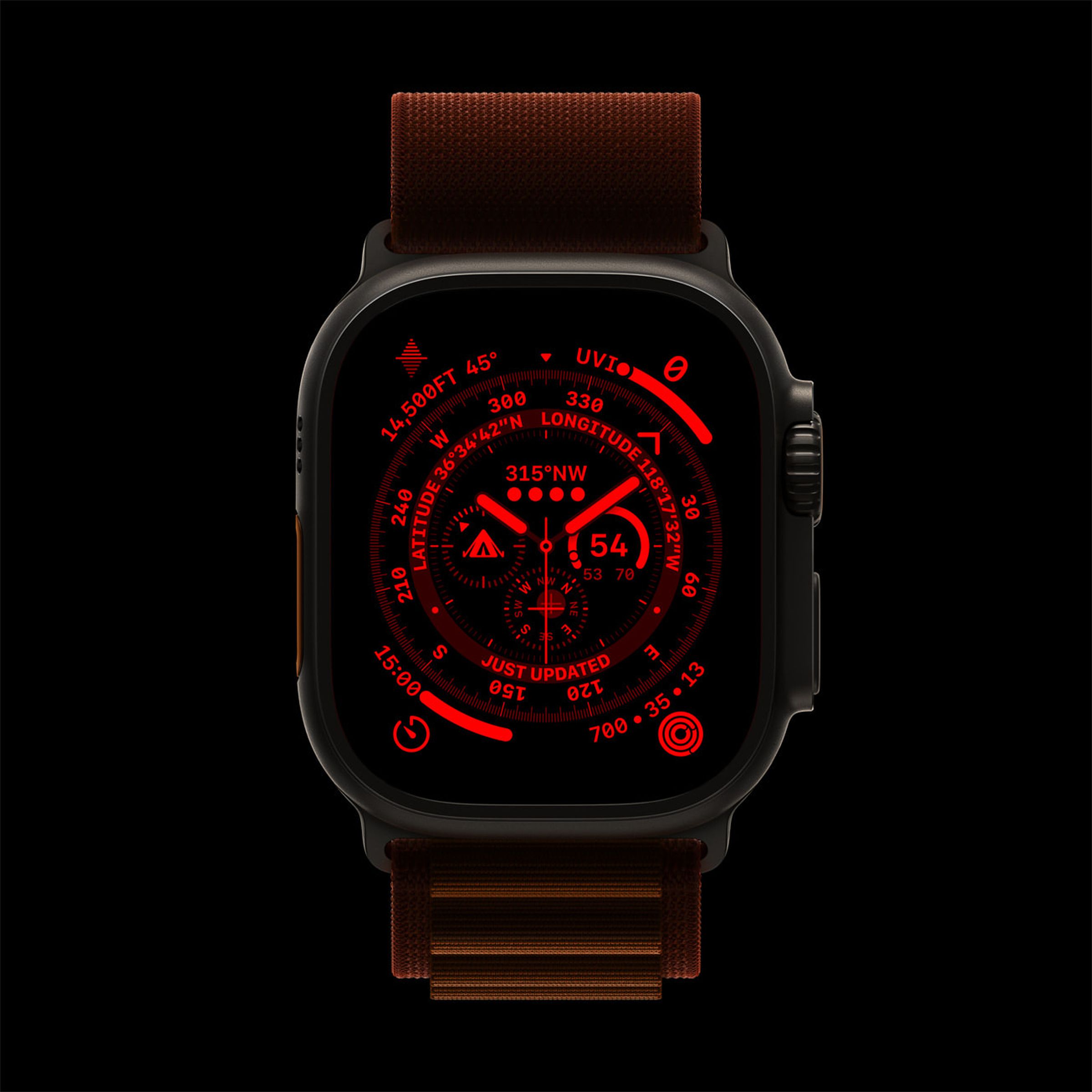 Image showing the Apple Watch with the watch face in red.