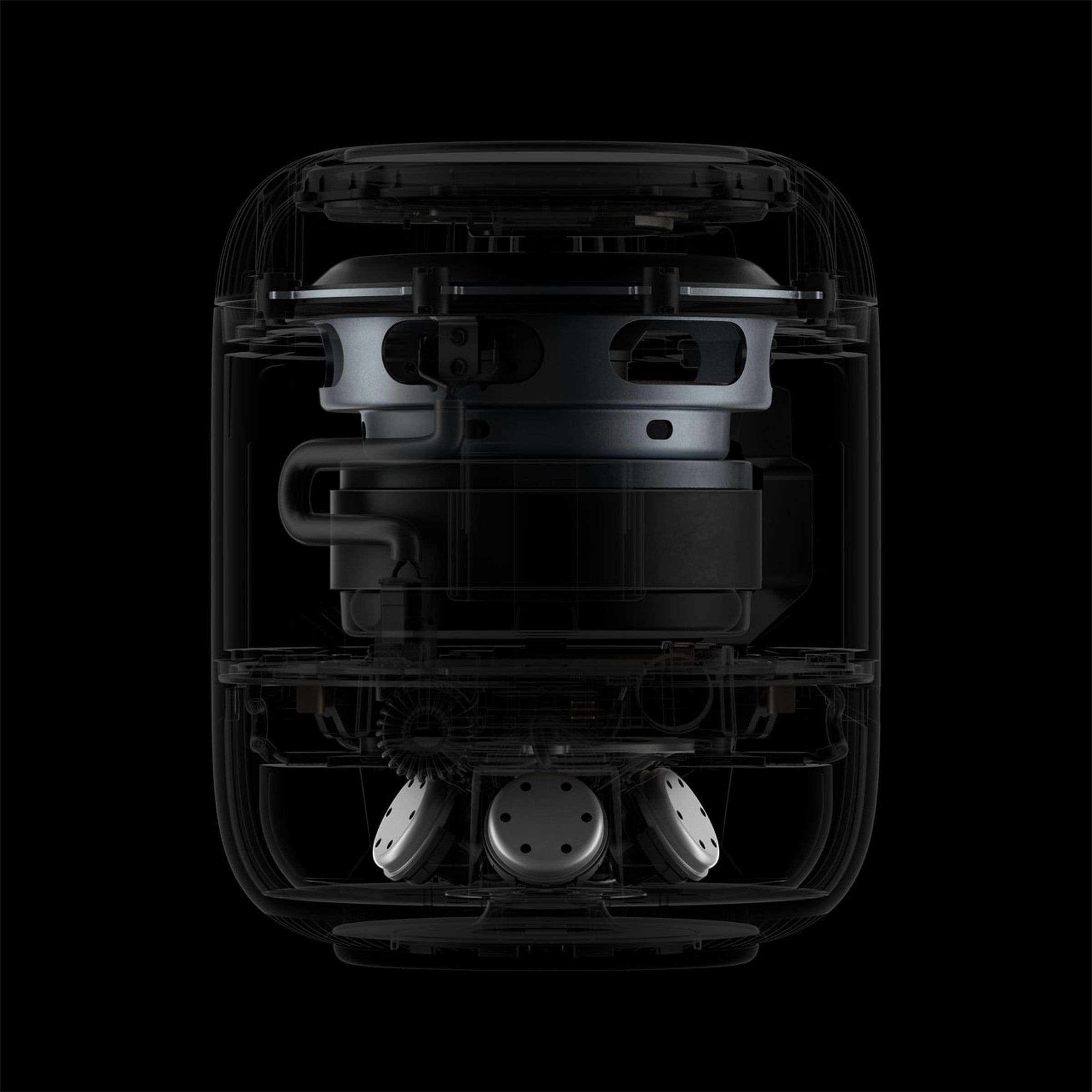 An image displaying the internal components of Apple’s second-gen HomePod.
