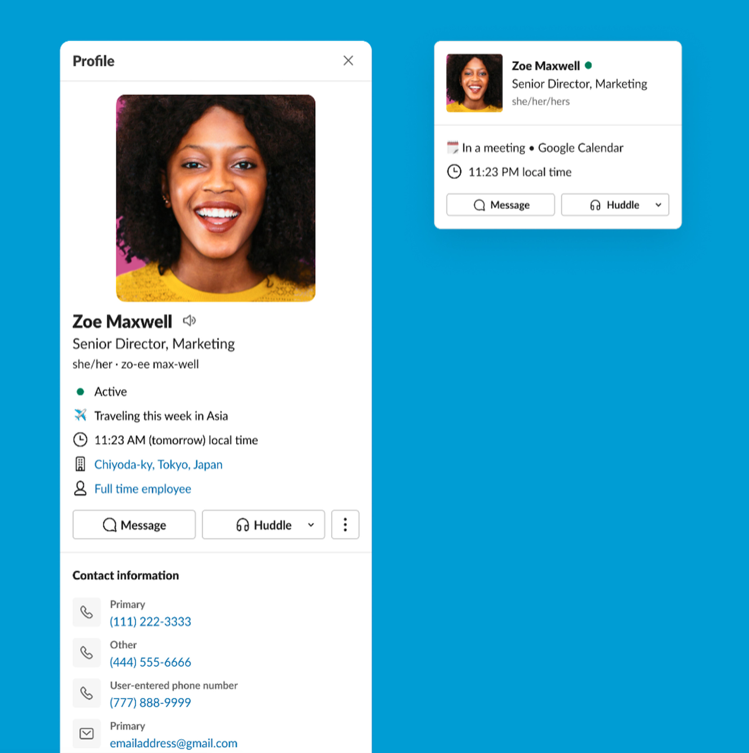 The new user profile cards have been streamlined with new fields for name pronunciation. 