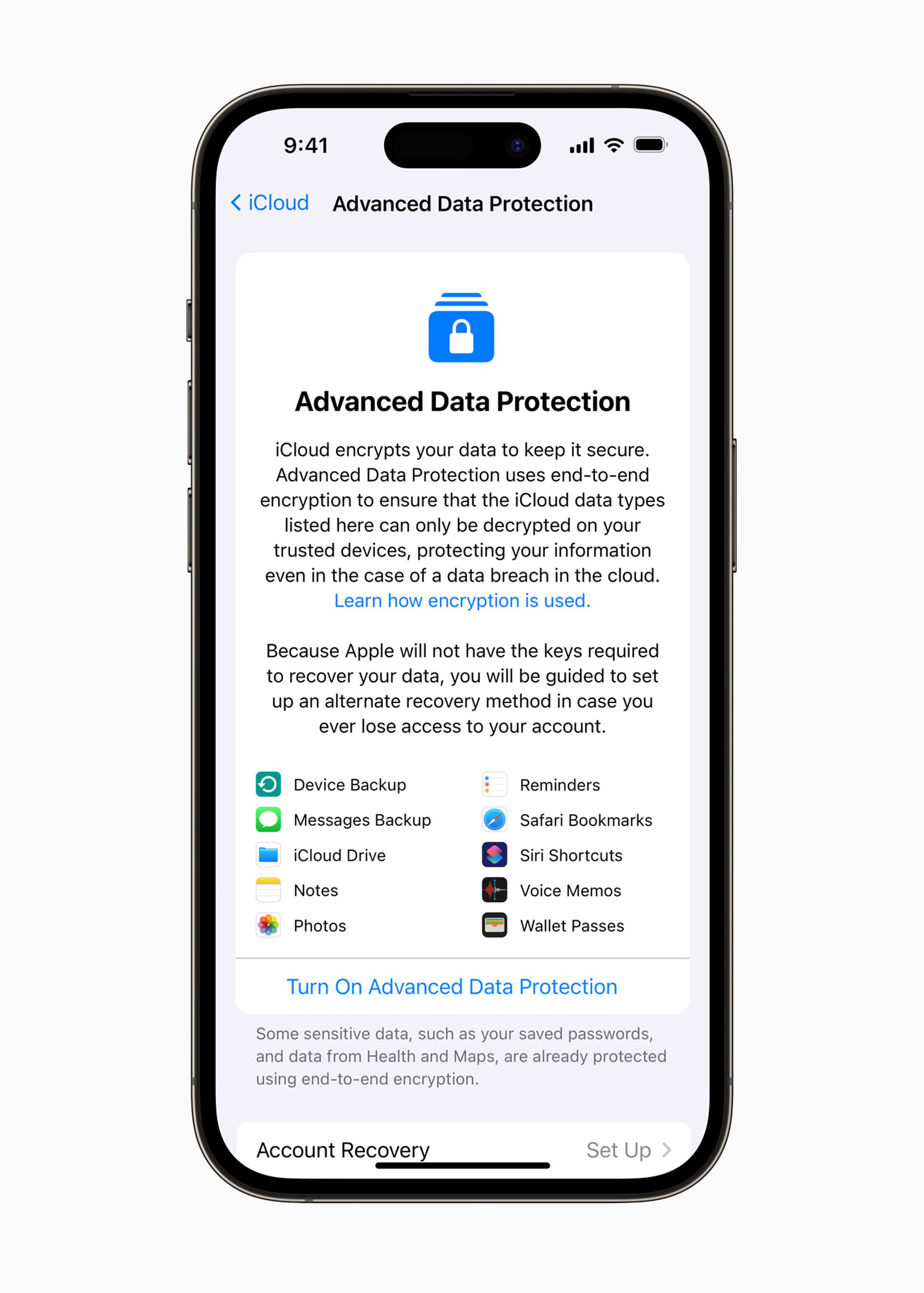 Gelişmiş Veri Koruma ile ilgili ayrıntıları gösteren bir iPhone'un Apple'dan alınmış bir ekran görüntüsü.