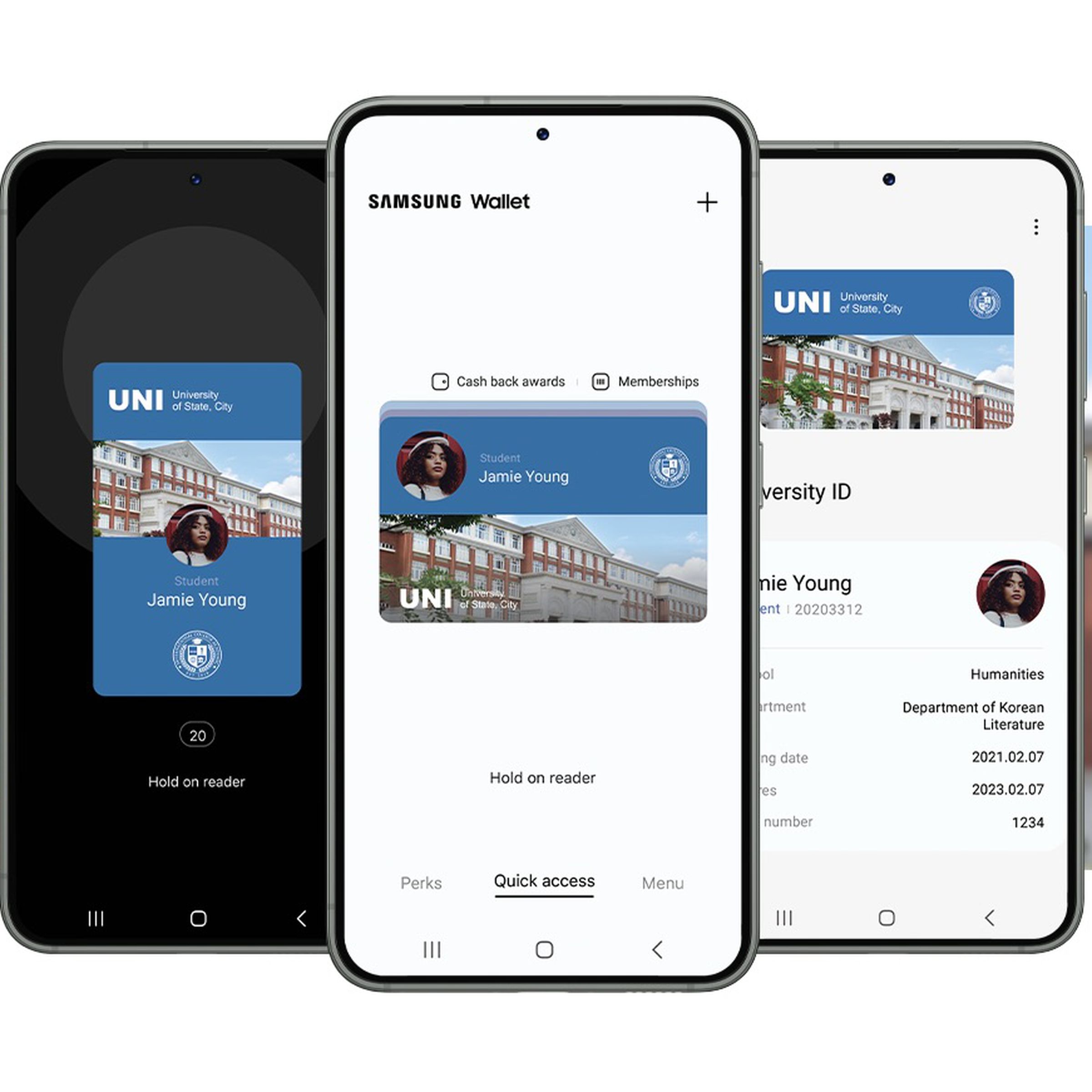three Samsung phones showing student ID in the wallet app, and a school campus as a background.