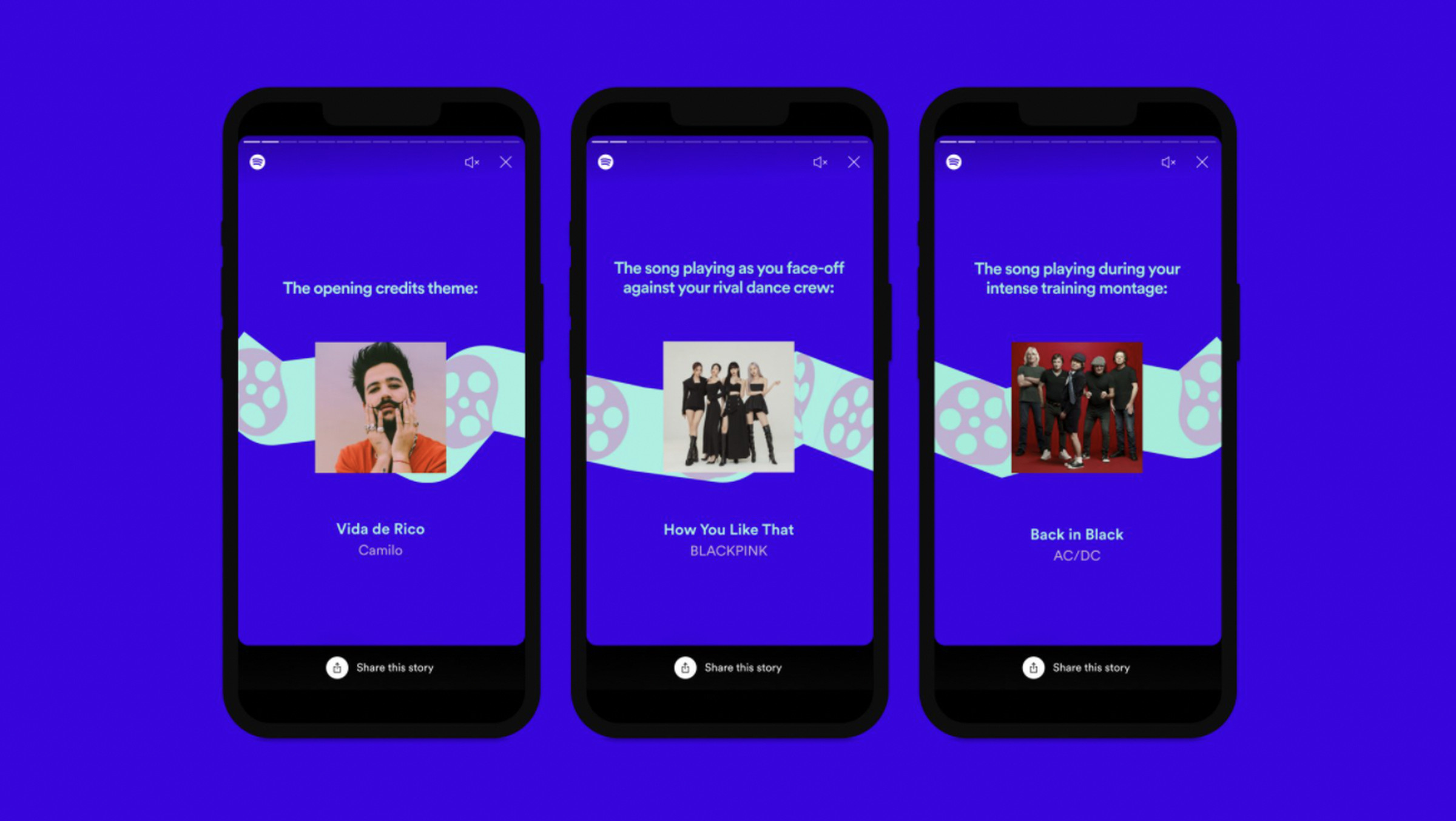 Three phones showing Spotify Wrapped’s new feature 2021 the movie