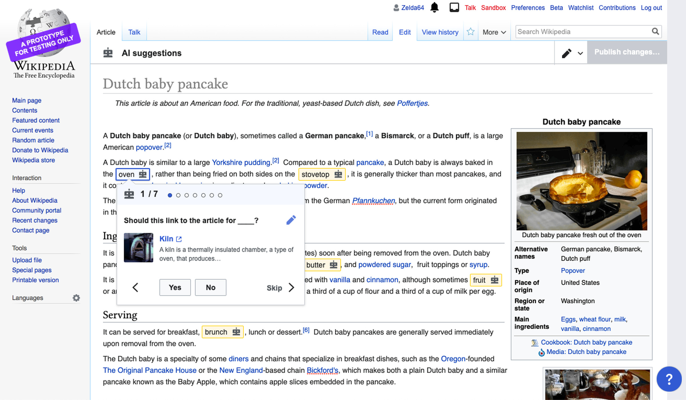 A structured task suggestion on a Wikipedia page for Dutch baby pancake.