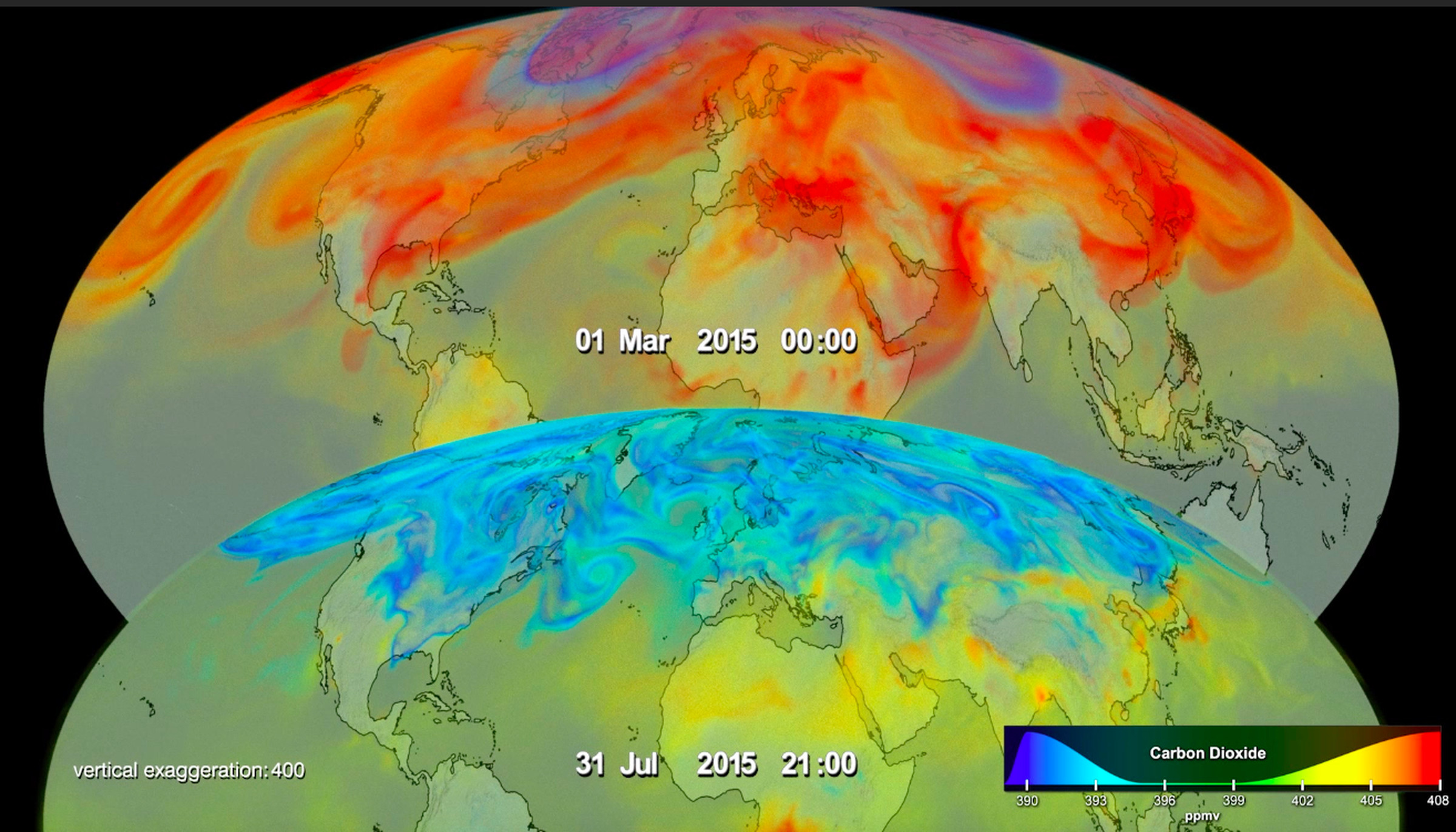This map shows how CO2 concentrations in the Northern Hemisphere change dramatically from season to season.