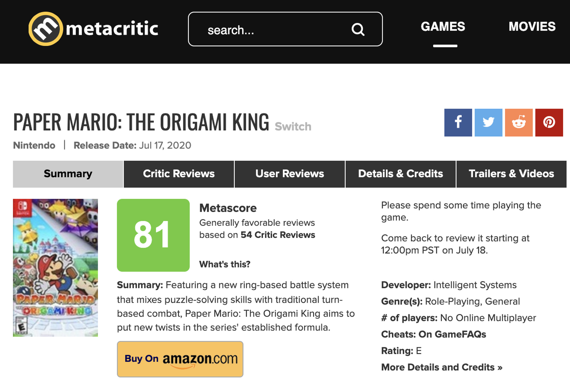 Paper Mario: The Origami King came out on July 17th, but user reviews won’t be available until July 18th