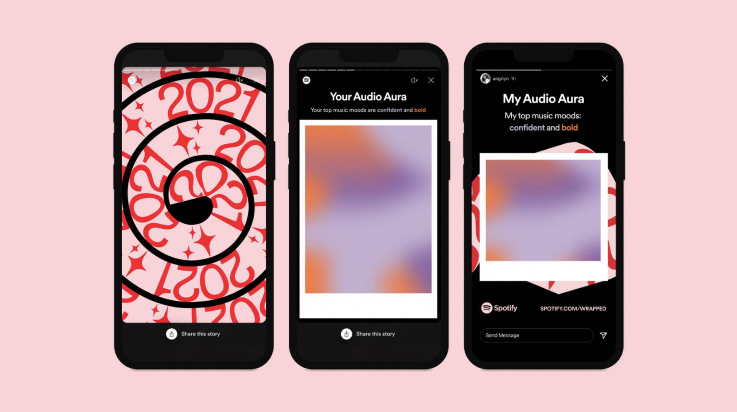 Three phones showing Spotify Wrapped’s new feature audio aura