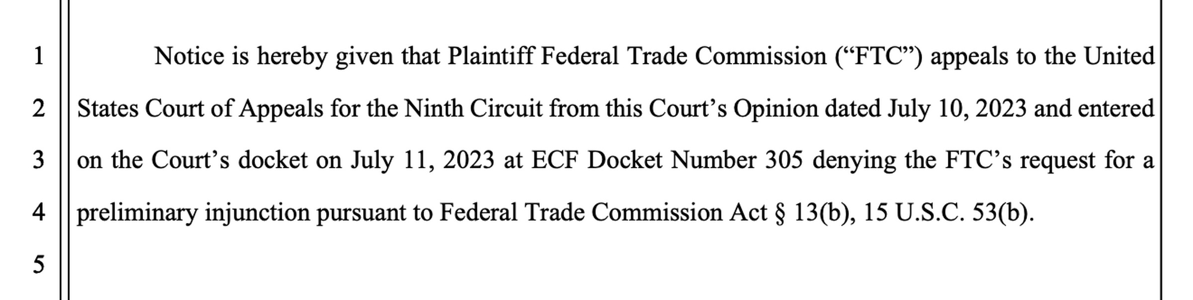 A screenshot of the FTC’s notice of appeal.