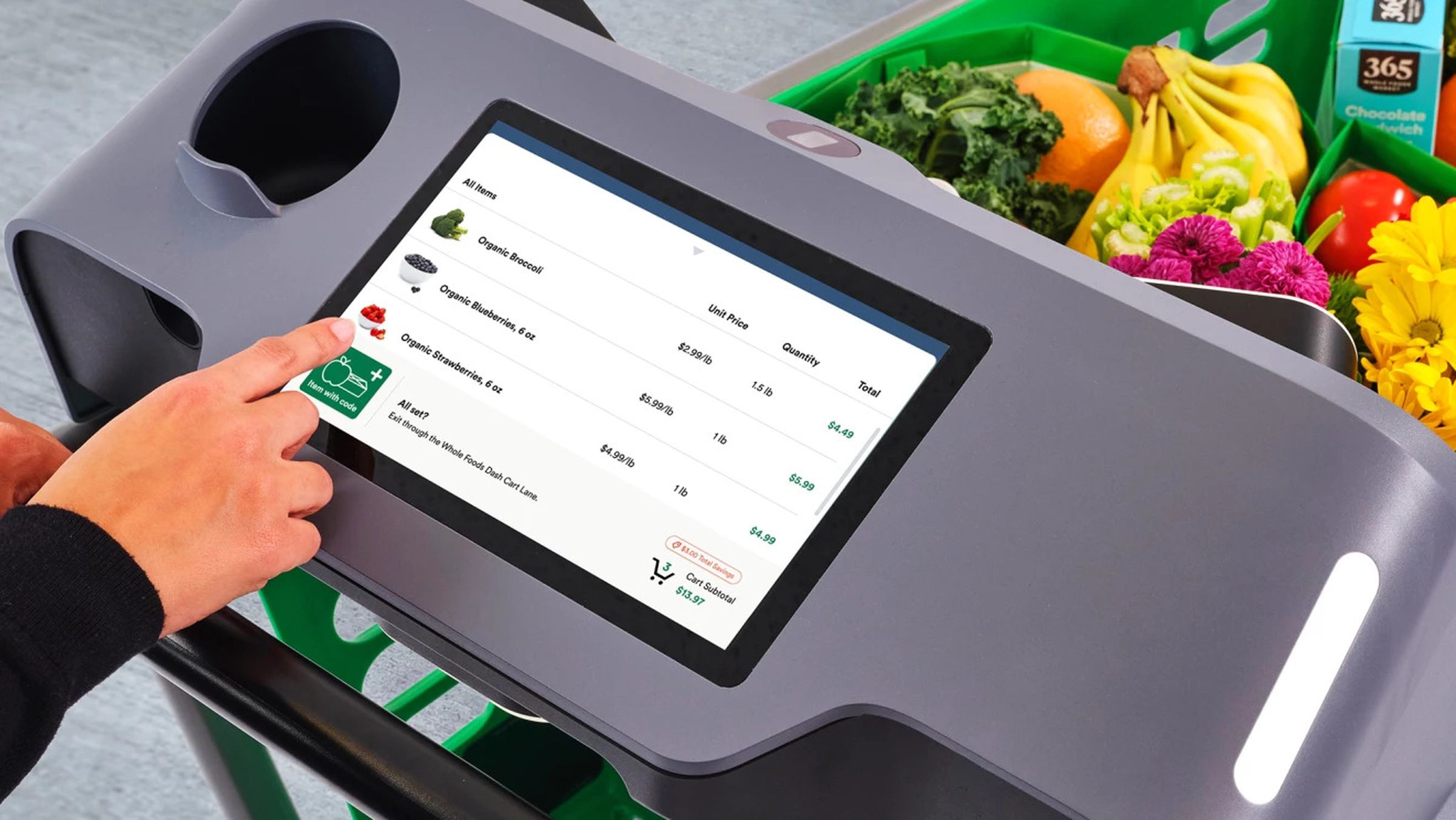 The Dash Cart has a touchscreen in the handlebars that shows shoppers a live receipt and suggests nearby products and deals. 