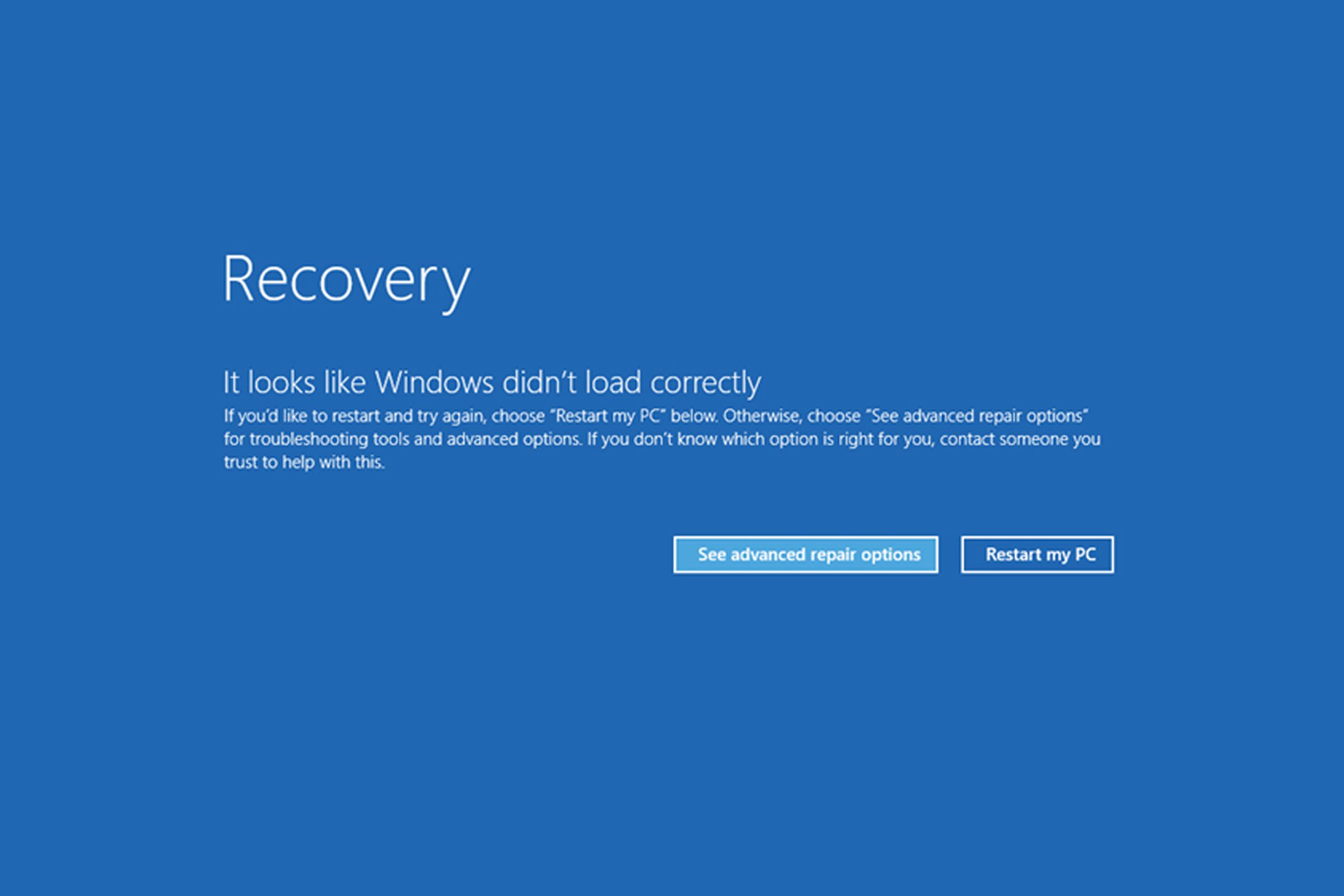 Affected machines are stuck in a recovery blue screen at boot.