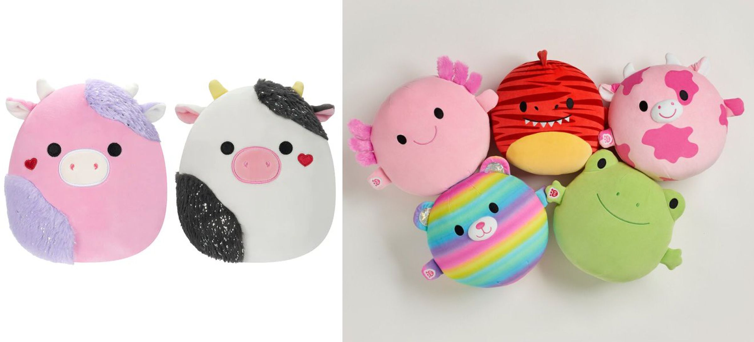 Side by side image showing two Squishmallows plush toys on the left and five plush Skoosherz toys on the right.