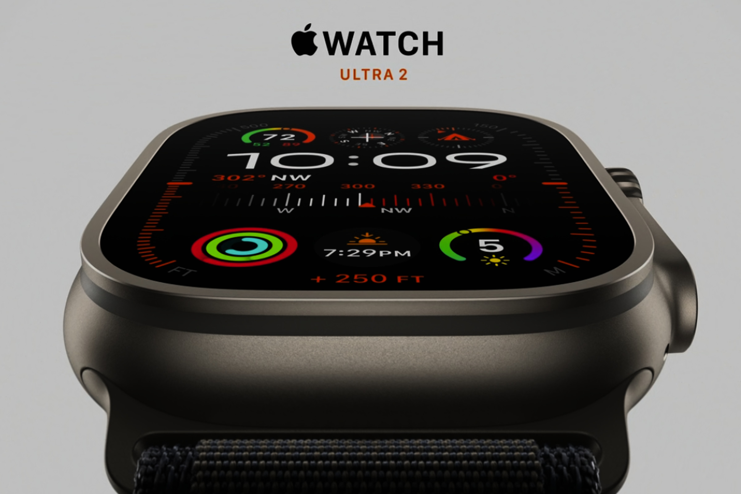The Apple Watch Ultra 2 on a gray background with Watch Ultra 2 written above.